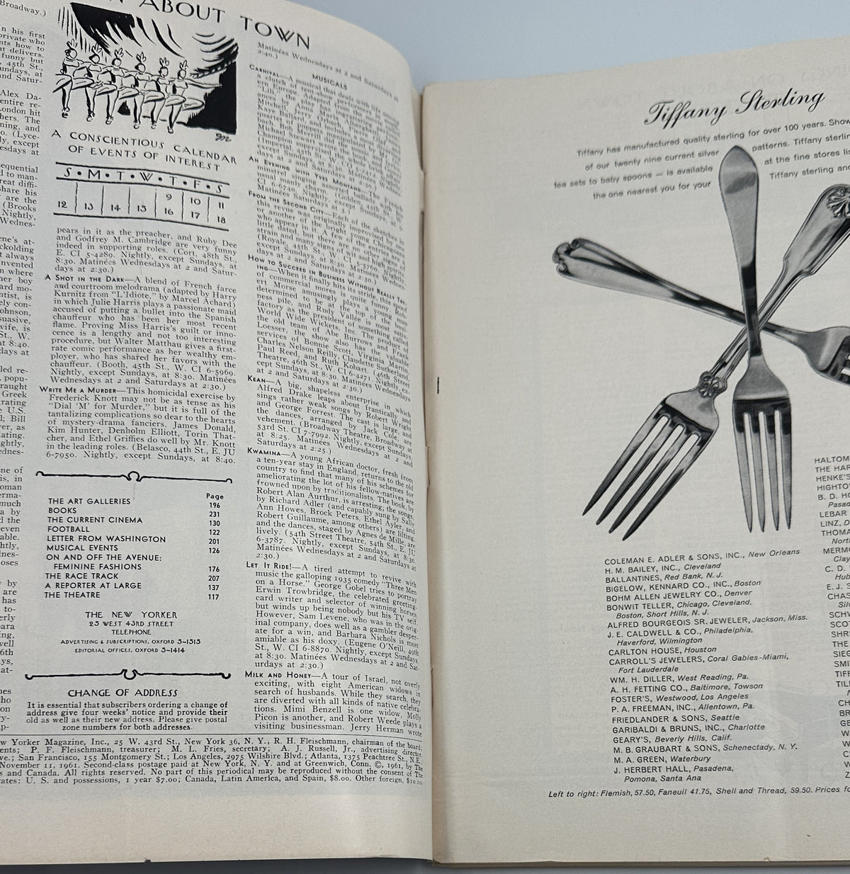 The New Yorker Magazine November 11, 1961 Giant Bird Sanctuary Charles Addams Cover opened to interior pages with About Town listings and Tiffany Sterling feature.