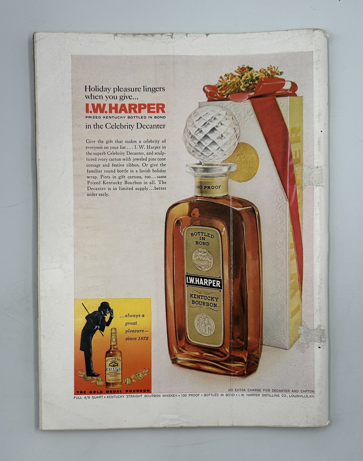 The New Yorker Magazine November 11, 1961 Giant Bird Sanctuary Charles Addams Cover shown with a vintage J.W. Harper whiskey advertisement featuring a bottle and gift box.
