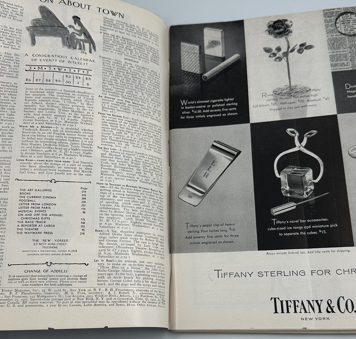 The New Yorker Magazine November 25, 1961 Turkeys in Snowy Harbor Frank Modell Cover, interior pages featuring the table of contents and a Tiffany & Co. advertisement.
