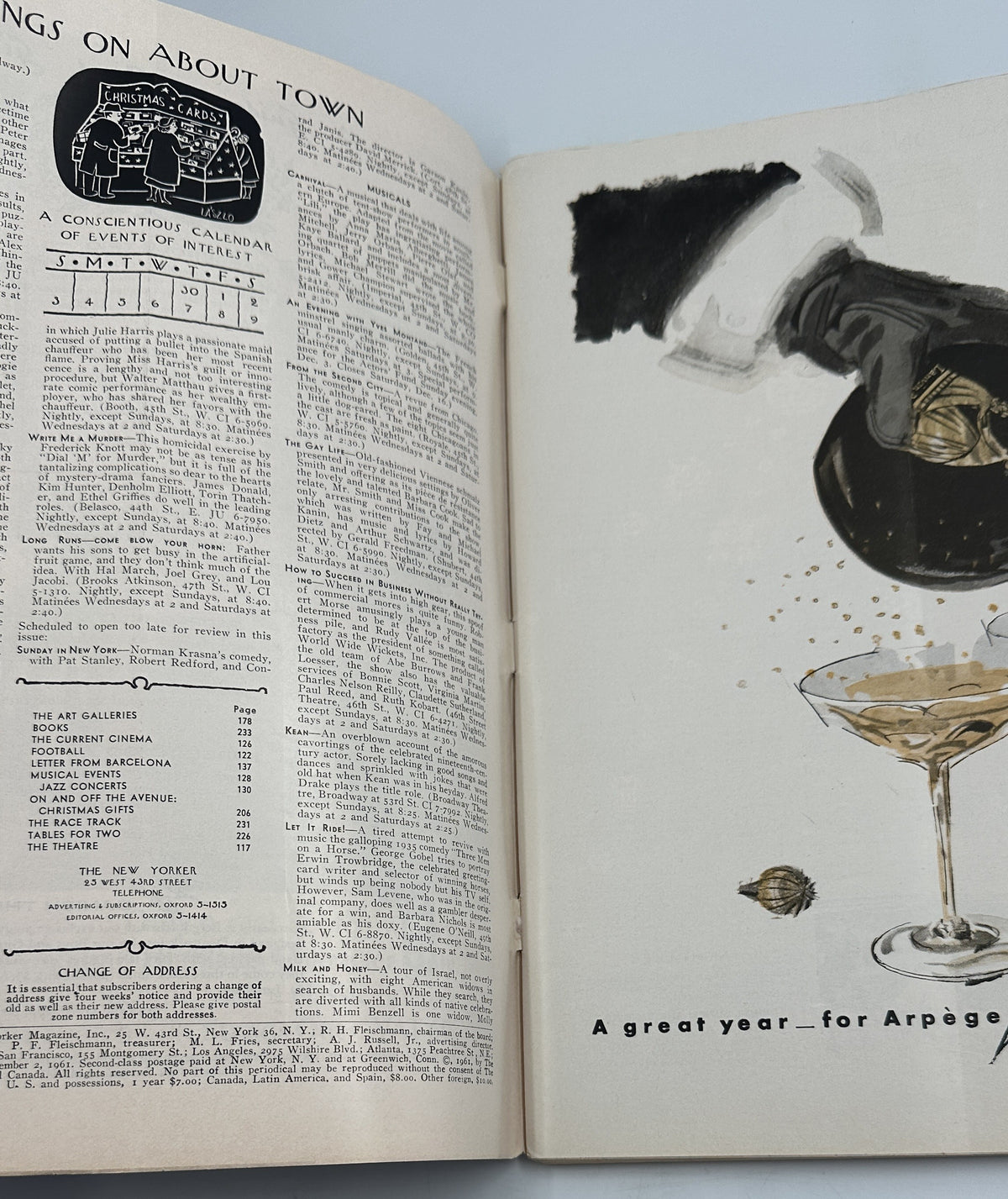 The New Yorker Magazine December 2, 1961 Horse Carriage Rainy Street Robert Kraus Cover, interior magazine spread with listings and an illustrated cocktail advertisement.