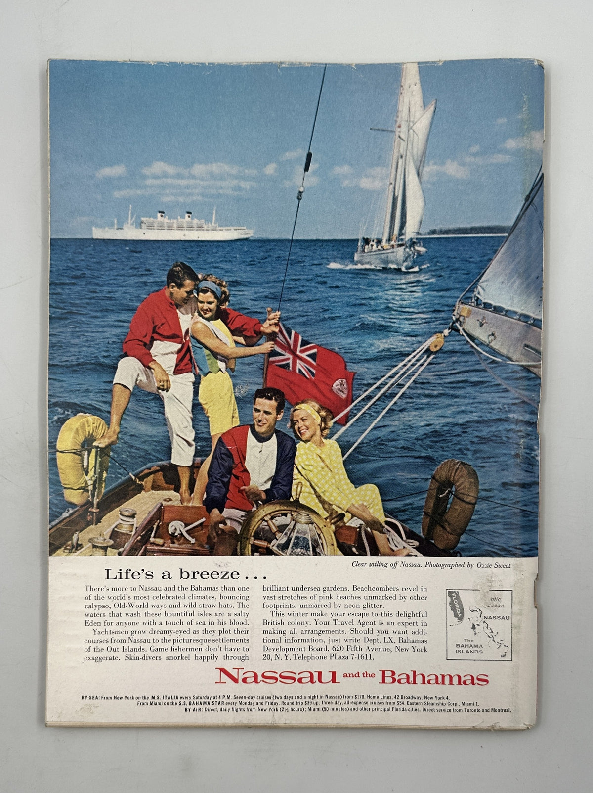 The New Yorker Magazine December 2, 1961 Horse Carriage Rainy Street Robert Kraus Cover, vintage back cover advertisement showing people sailing near Nassau in the Bahamas.