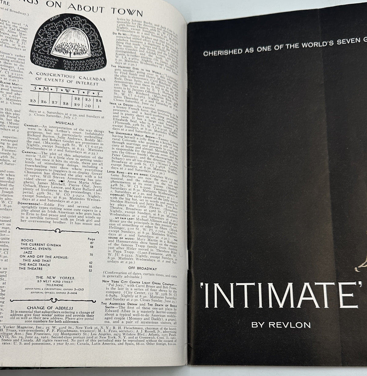 The New Yorker Magazine June 24, 1961 Girl Lily Flower William Steig Cover, interior pages showing the table of contents and a vintage Revlon Intimate advertisement