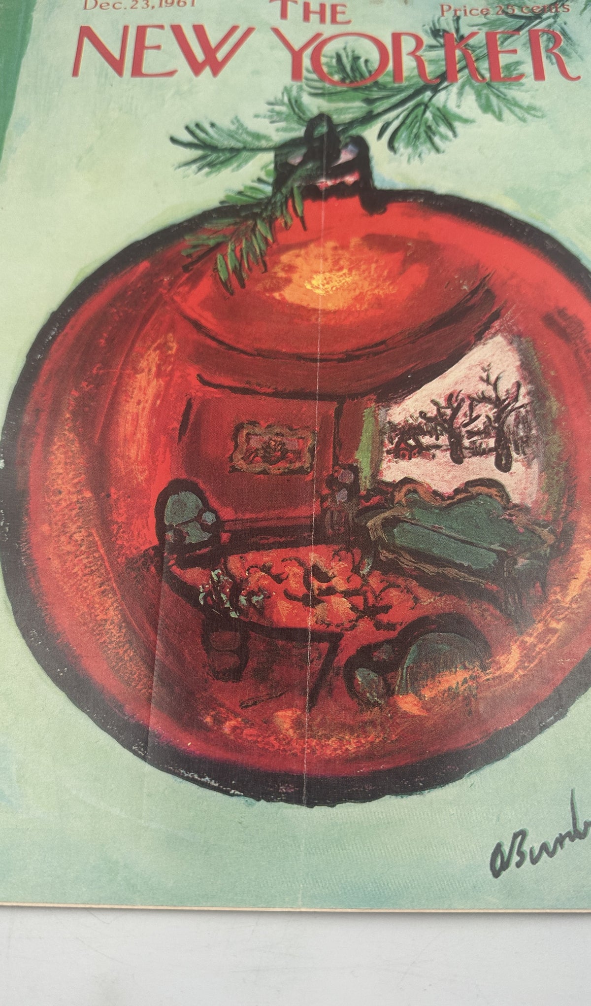 The New Yorker Magazine December 23, 1961 Christmas Ornament Holiday Abe Birnbaum Cover, close-up view of the illustrated red holiday ornament and Abe Birnbaum signature.
