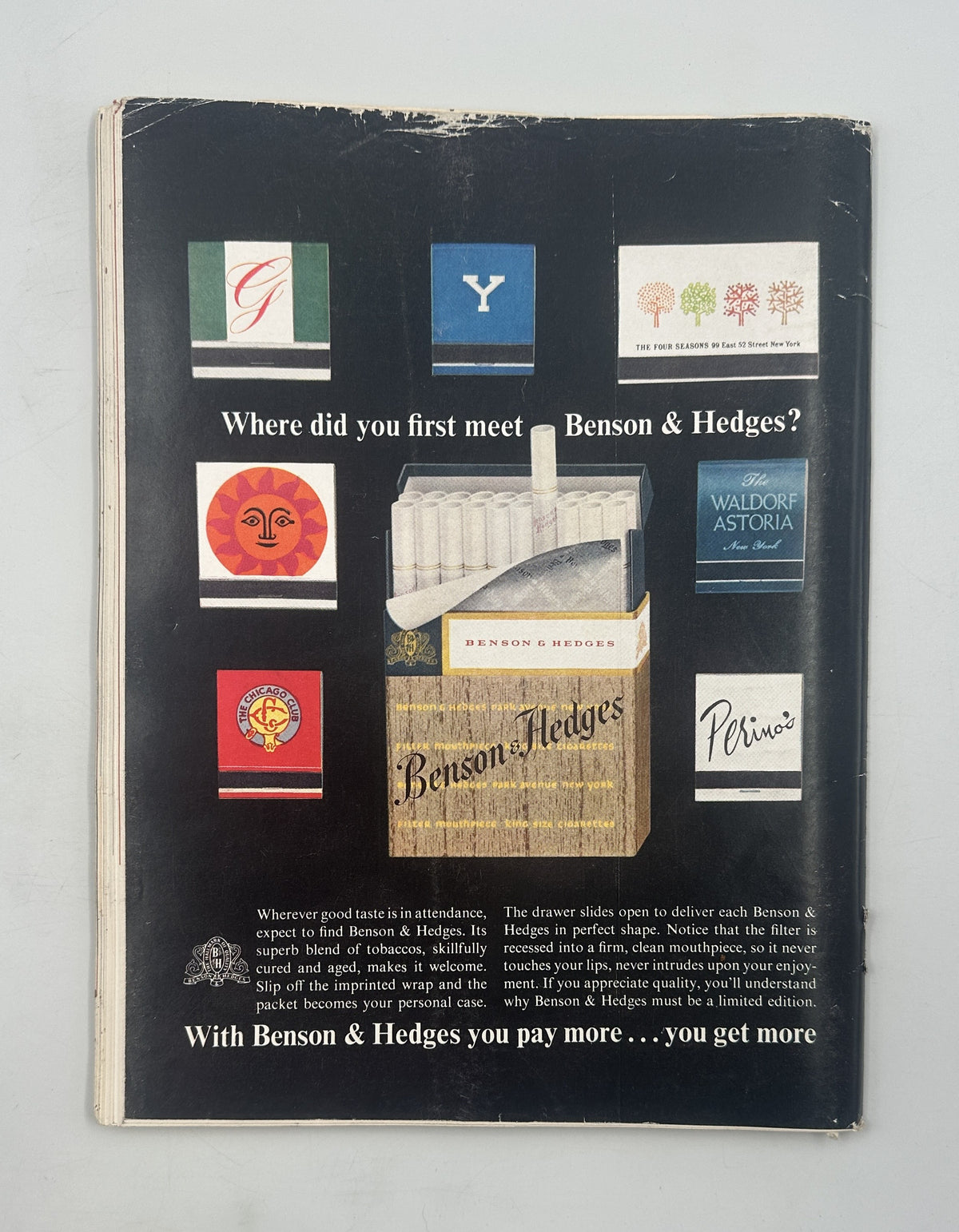 The New Yorker Magazine November 4, 1961 Commuters Reading Train Arthur Getz Cover showing the back cover with a vintage Benson & Hedges cigarette advertisement featuring colorful brand labels and a cigarette pack.