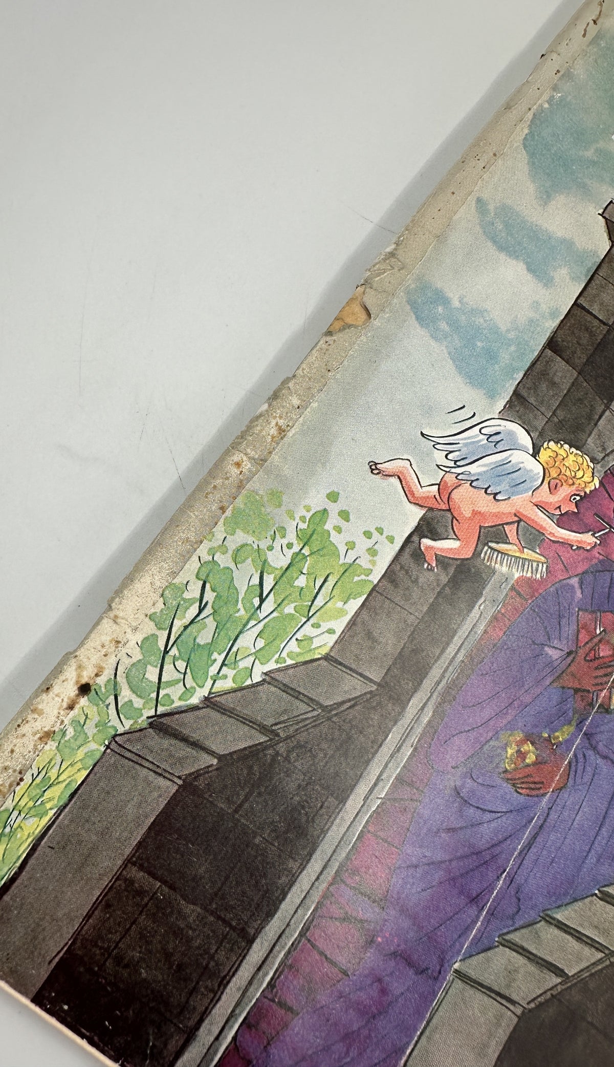 The New Yorker Magazine April 16, 1960 Cupid Stained Glass Church Charles Addams Cover close-up showing Cupid, stained-glass artwork, and visible edge wear and water damage.