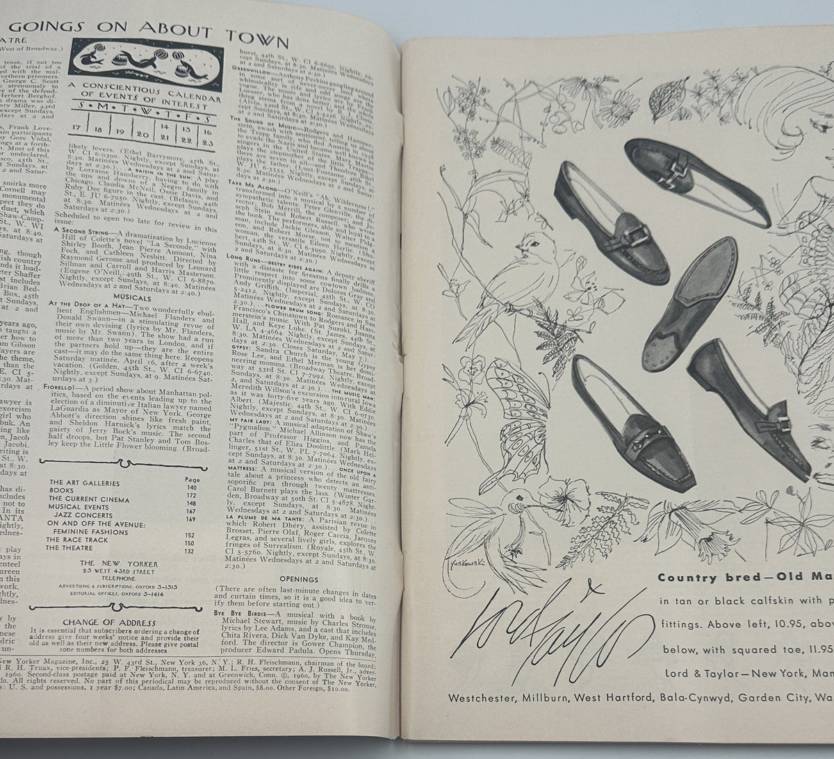 The New Yorker Magazine April 16, 1960 Cupid Stained Glass Church Charles Addams Cover opened to an interior page featuring shoe illustrations and magazine text.