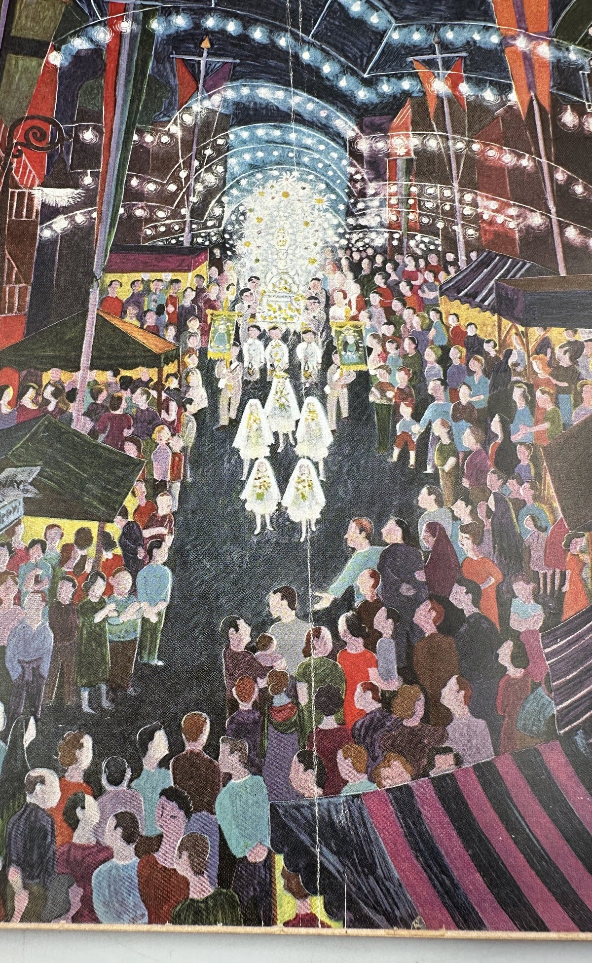 The New Yorker Magazine September 19, 1959 Street Festival Parade Night Ilonka Karasz Cover detail, featuring illuminated parade arches, marching figures, crowds, and market stalls.