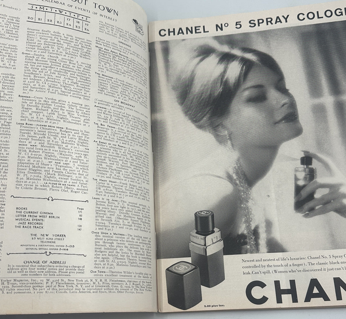 The New Yorker Magazine September 19, 1959 Street Festival Parade Night Ilonka Karasz Cover interior, showing the table of contents beside a vintage Chanel No. 5 spray cologne advertisement.