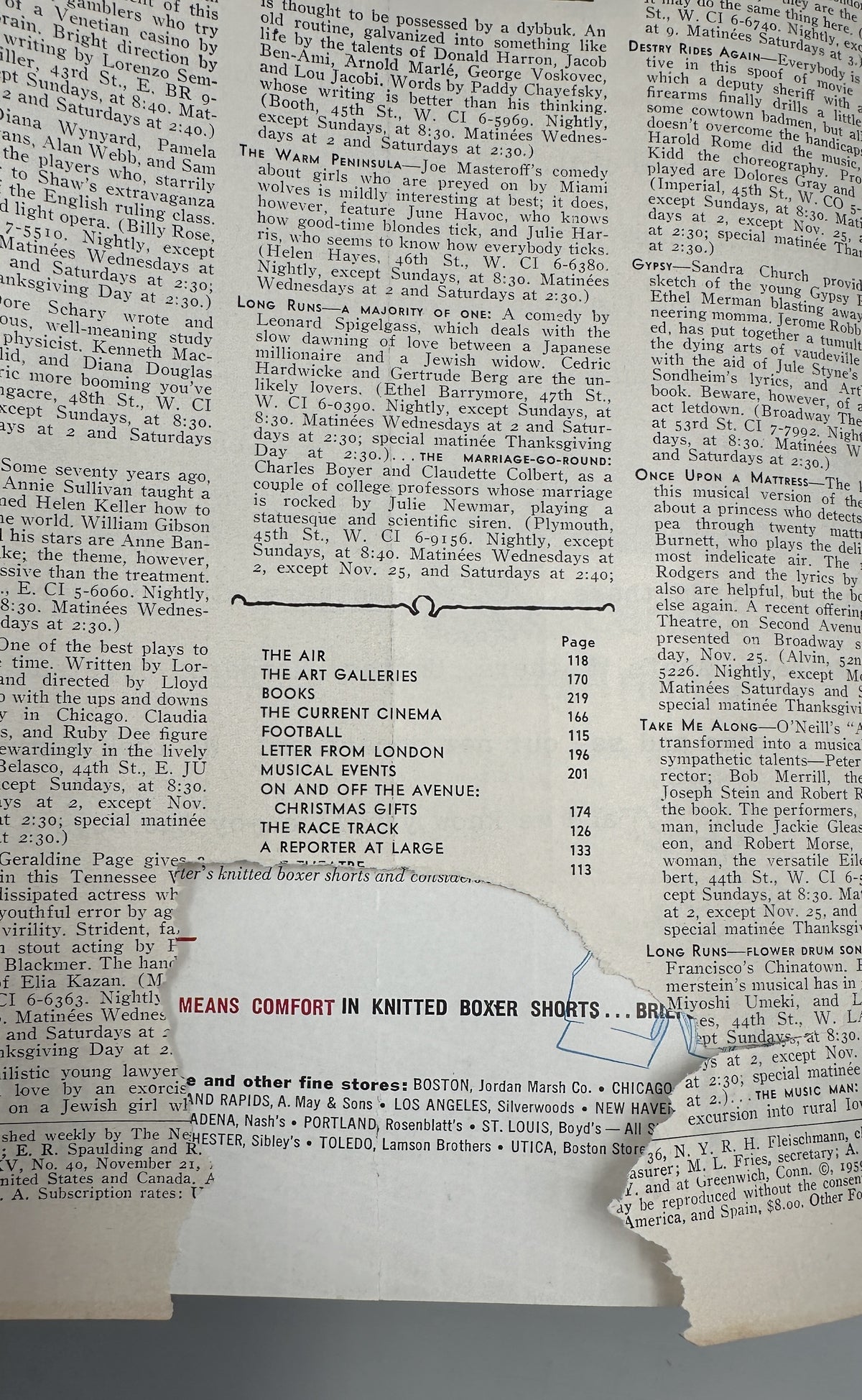 The New Yorker Magazine November 21, 1959 Ice Hockey Game Anatol Kovarsky Cover showing a worn interior table of contents page with visible water damage, creases, and tears.