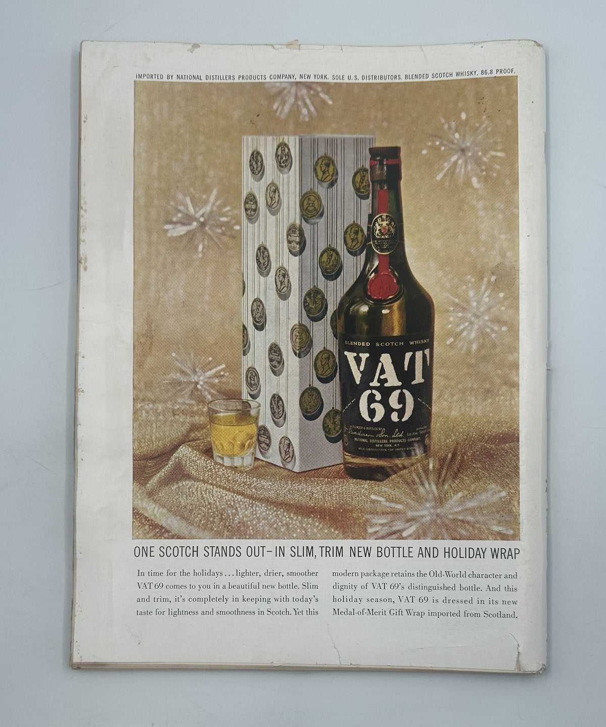 The New Yorker Magazine November 21, 1959 Ice Hockey Game Anatol Kovarsky Cover showing a vintage Vat 69 Scotch whisky holiday advertisement on the worn back cover.