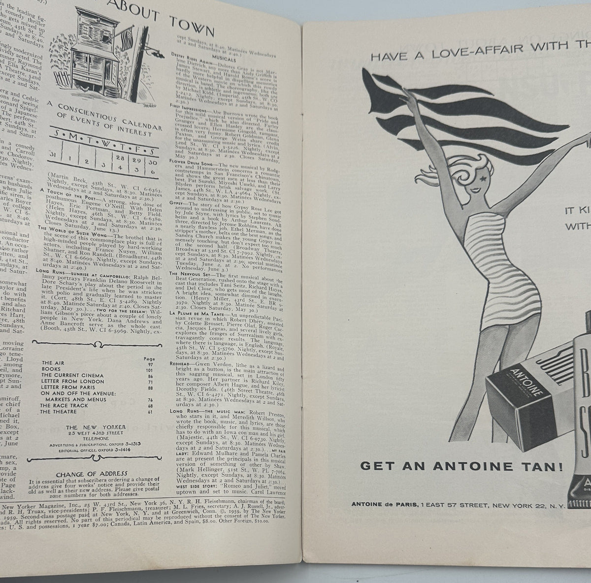 The New Yorker Magazine May 30, 1959 Graduation College Campus Abe Birnbaum Cover opened to interior pages showing the table of contents and vintage Antoine advertising illustration