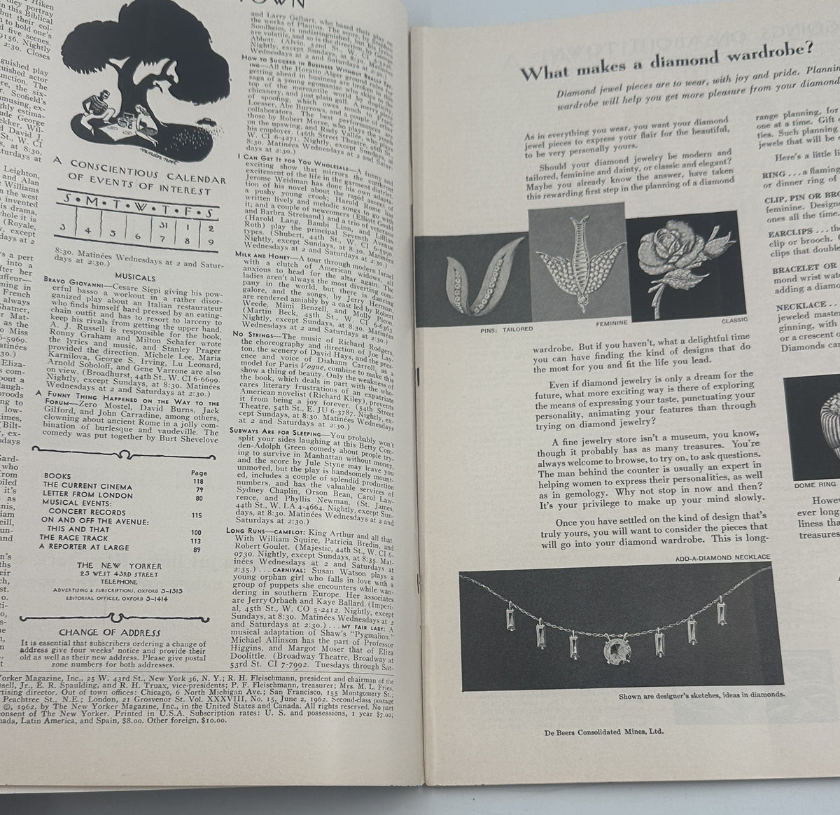 The New Yorker Magazine June 2, 1962 Arcade Amusement Games Cover opened to an interior spread with table of contents text and a vintage diamond jewelry advertisement