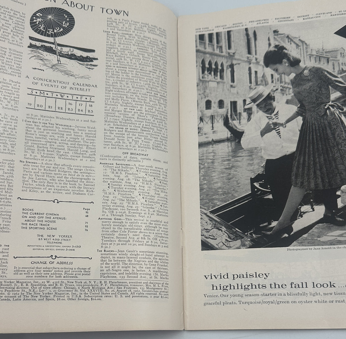 Interior pages of The New Yorker Magazine August 18, 1962 Stage Set Theater Ilonka Karasz Cover, featuring articles, a calendar illustration, and a vintage fashion advertisement.