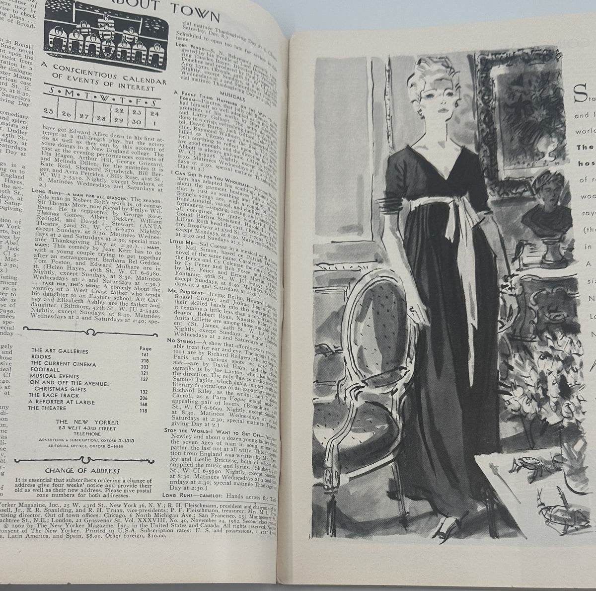 The New Yorker Magazine November 24, 1962 Thanksgiving Peacock Anatol Kovarsky Cover opened to interior pages with magazine listings and a black-and-white fashion illustration.