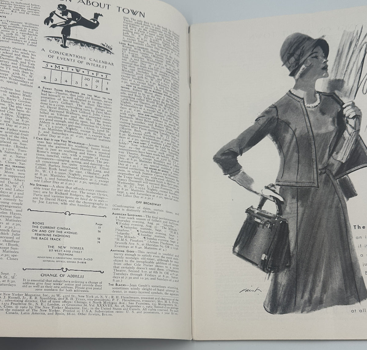 The New Yorker Magazine September 1, 1962 Night Train Platform Arthur Getz Cover interior pages featuring a fashion illustration of a woman in a dress and jacket alongside magazine text