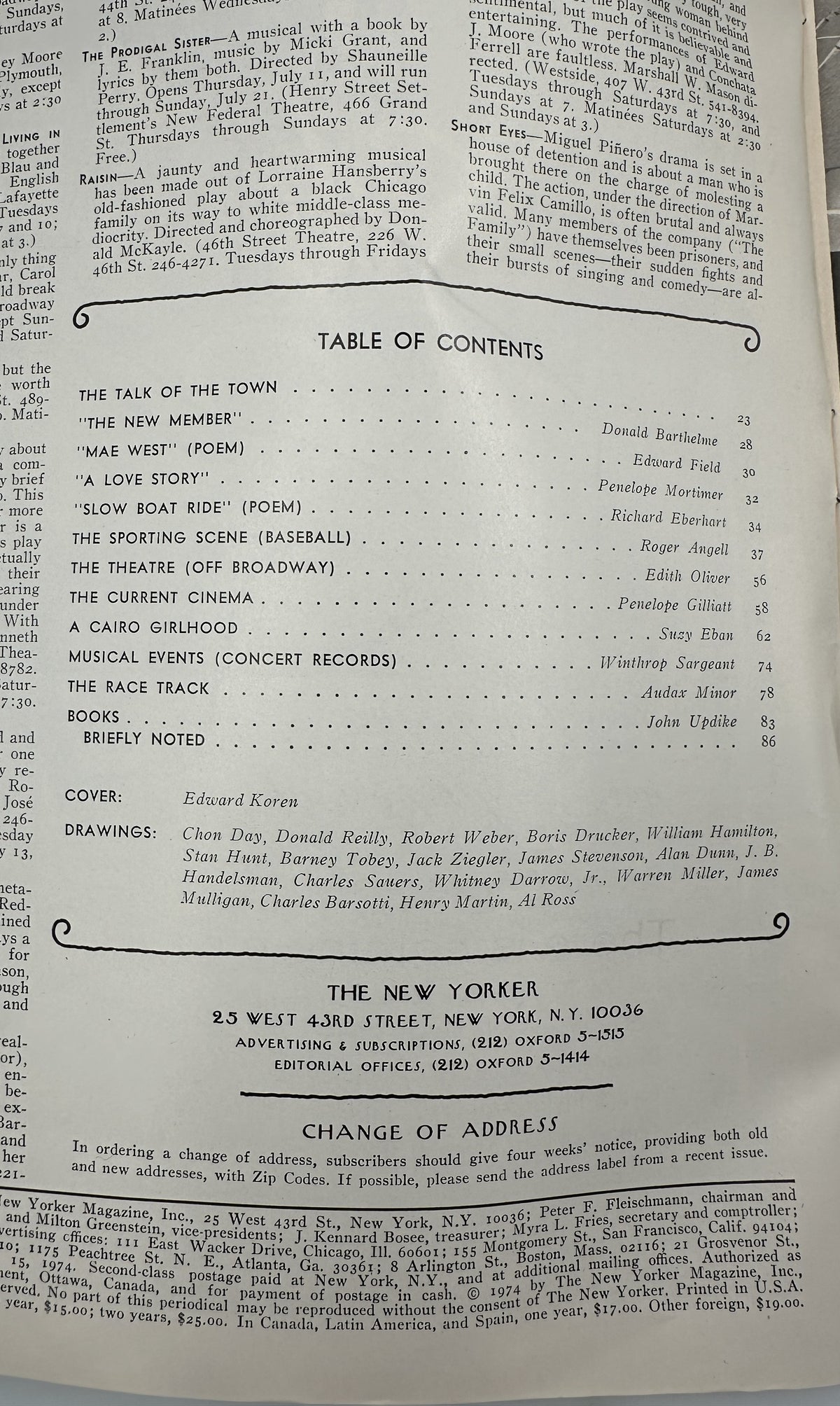 The New Yorker Magazine July 15, 1974 Eyeglass Shop Edward Koren Cover VG showing the table of contents and interior editorial page