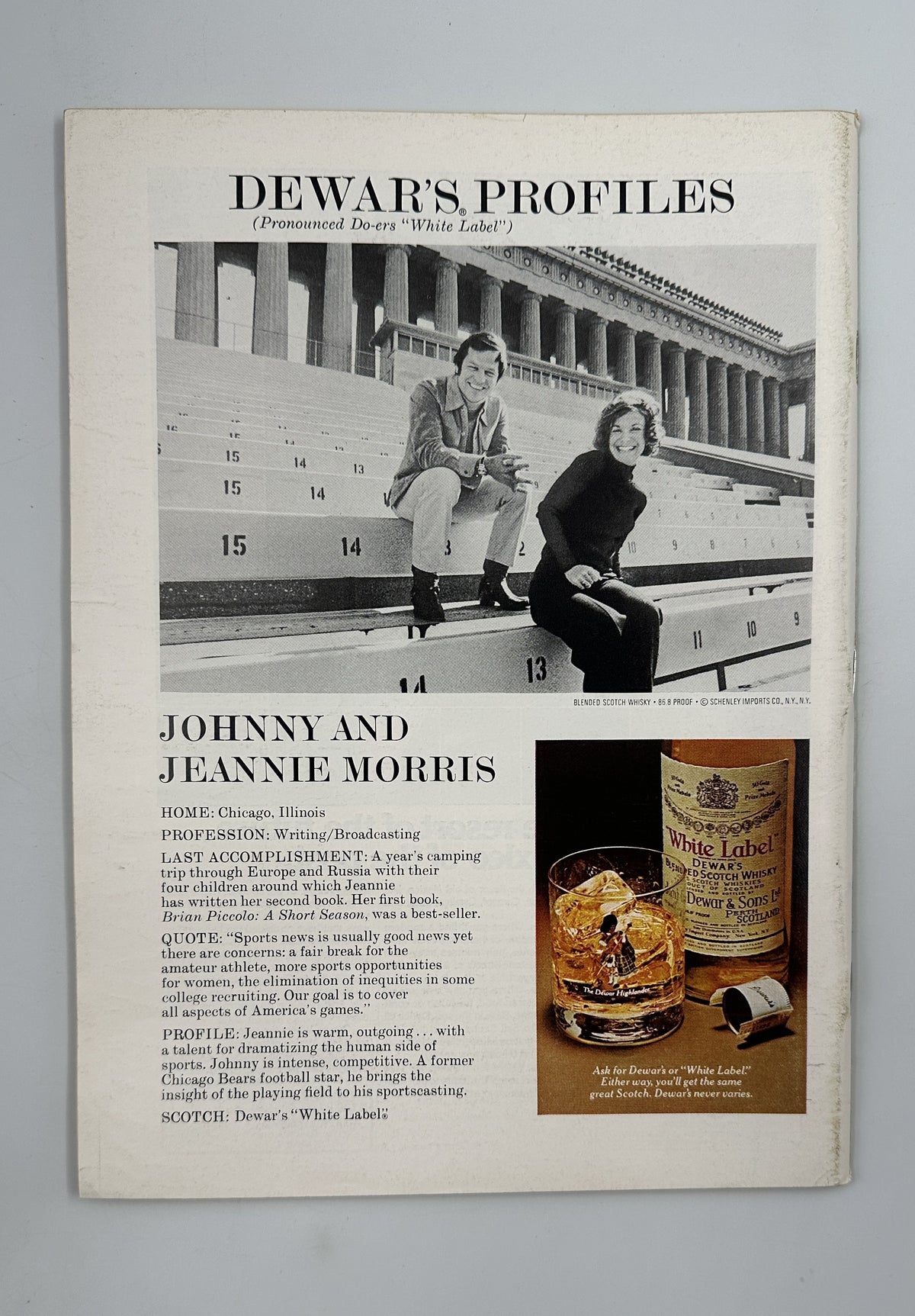The New Yorker Magazine September 13, 1976 Beach Boardwalk Robert Tallon Cover VG, interior Dewar's Profiles page featuring Johnny and Jeanie Morris, a black-and-white stadium photograph, and a Dewar's whisky advertisement.