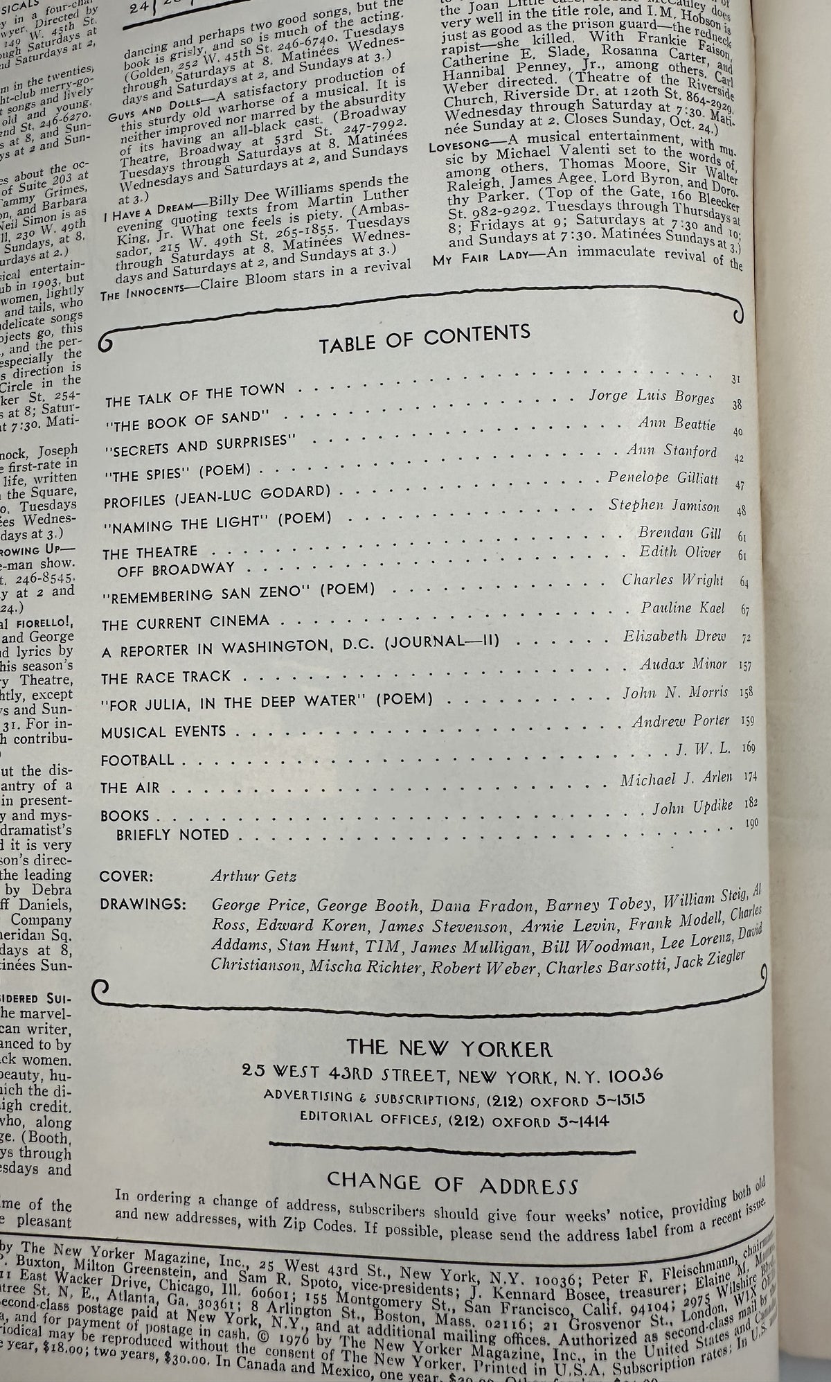 The New Yorker Magazine October 25, 1976 Pumpkin Market Arthur Getz Cover VG, interior table of contents page listing articles, poems, profiles, theater, cinema, books, and other features.