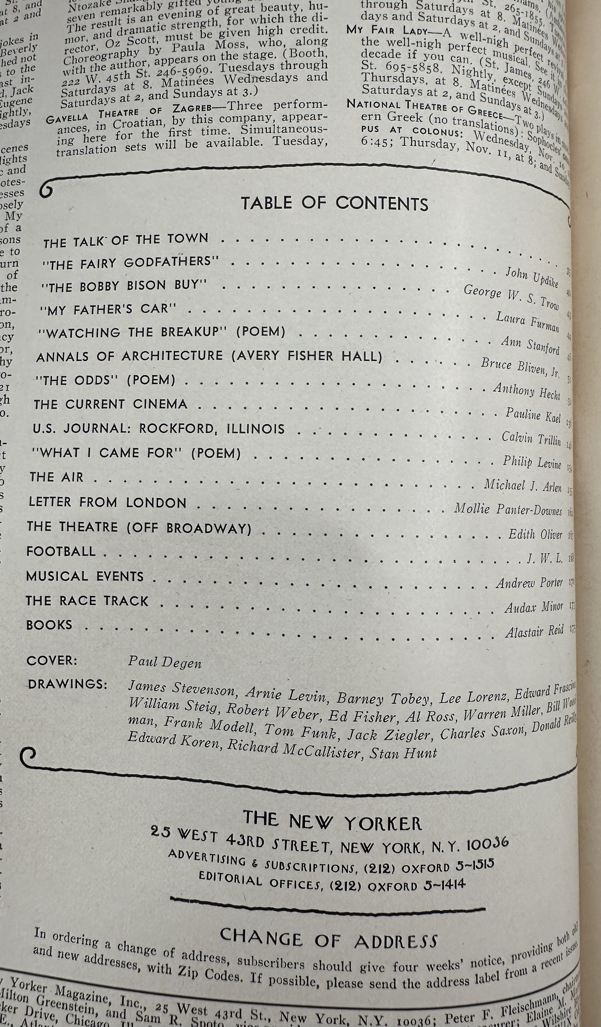 The New Yorker Magazine November 8, 1976 Surreal Staircase Paul Degen Cover VG, interior table of contents page listing articles, poems, cinema, theatre, football, music, books, cover artist, and drawings.