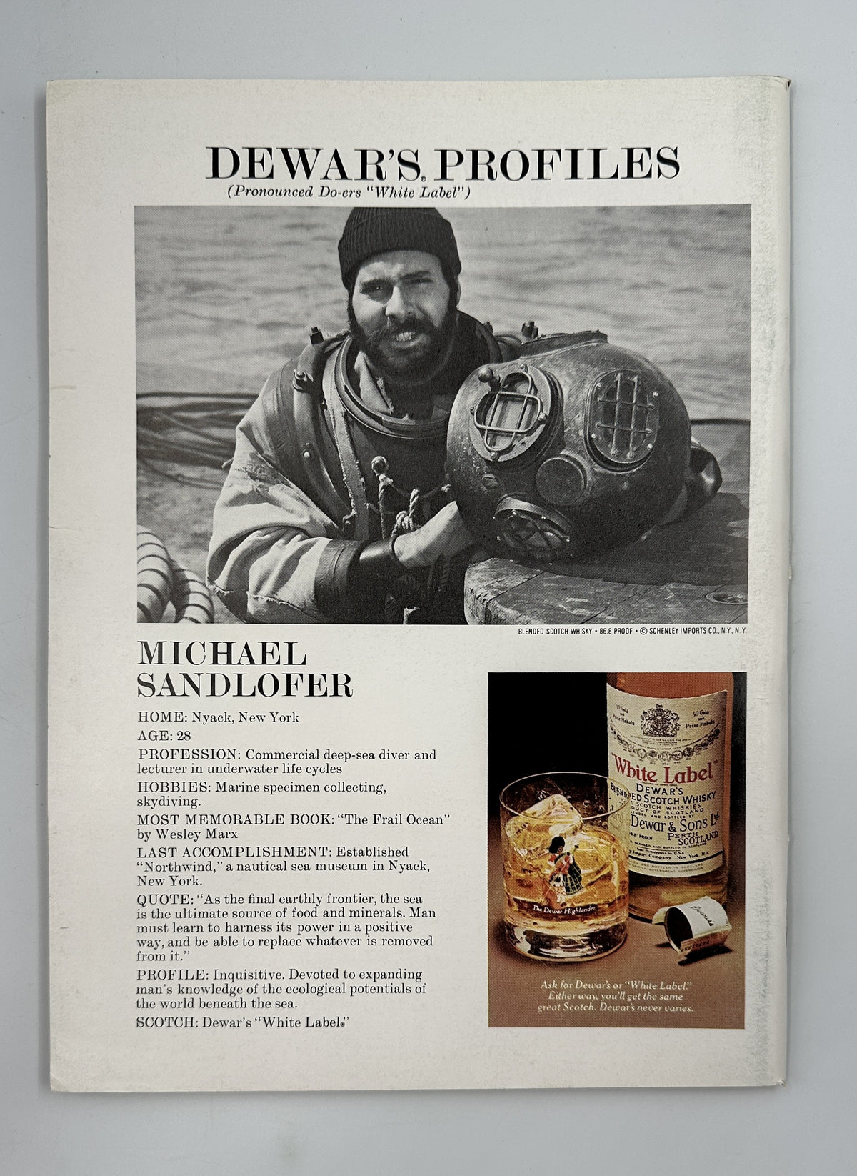 The New Yorker Magazine November 8, 1976 Surreal Staircase Paul Degen Cover VG, interior advertising page for Dewar's Profiles featuring a vintage photograph of Michael Sandhofer and a Dewar's whisky bottle.