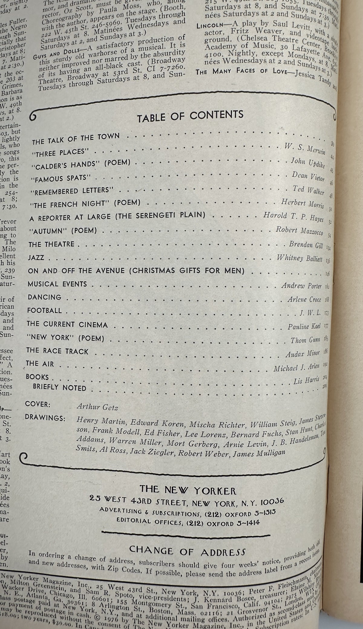 The New Yorker Magazine December 6, 197 Colonial Street Arthur Getz Cover VG, interior table of contents page listing articles, poems, reviews, and illustrations.