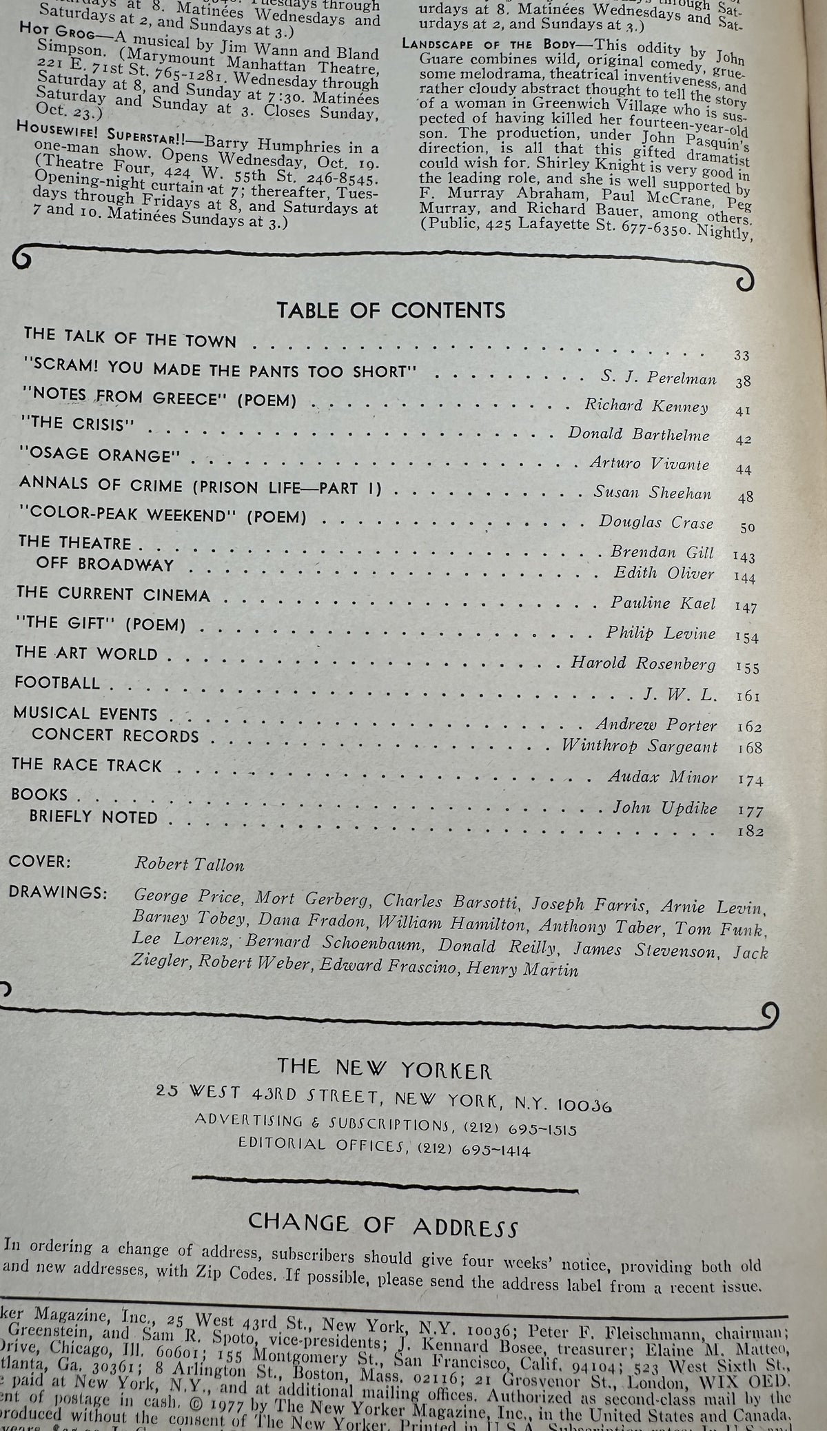 The New Yorker Magazine October 24, 1977 Geometric Robot Juggling Robert Tallon Cover VG, interior table of contents and change-of-address page.