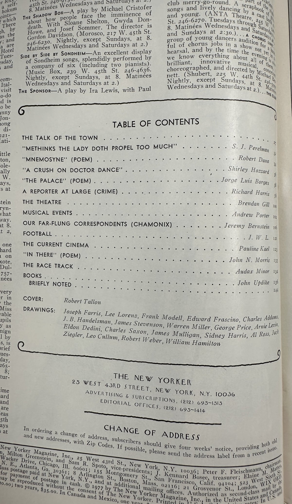 The New Yorker Magazine September 26, 1977 Swing Set Robert Tallon Cover VG, interior table of contents page listing articles, poems, reviews, and drawings.