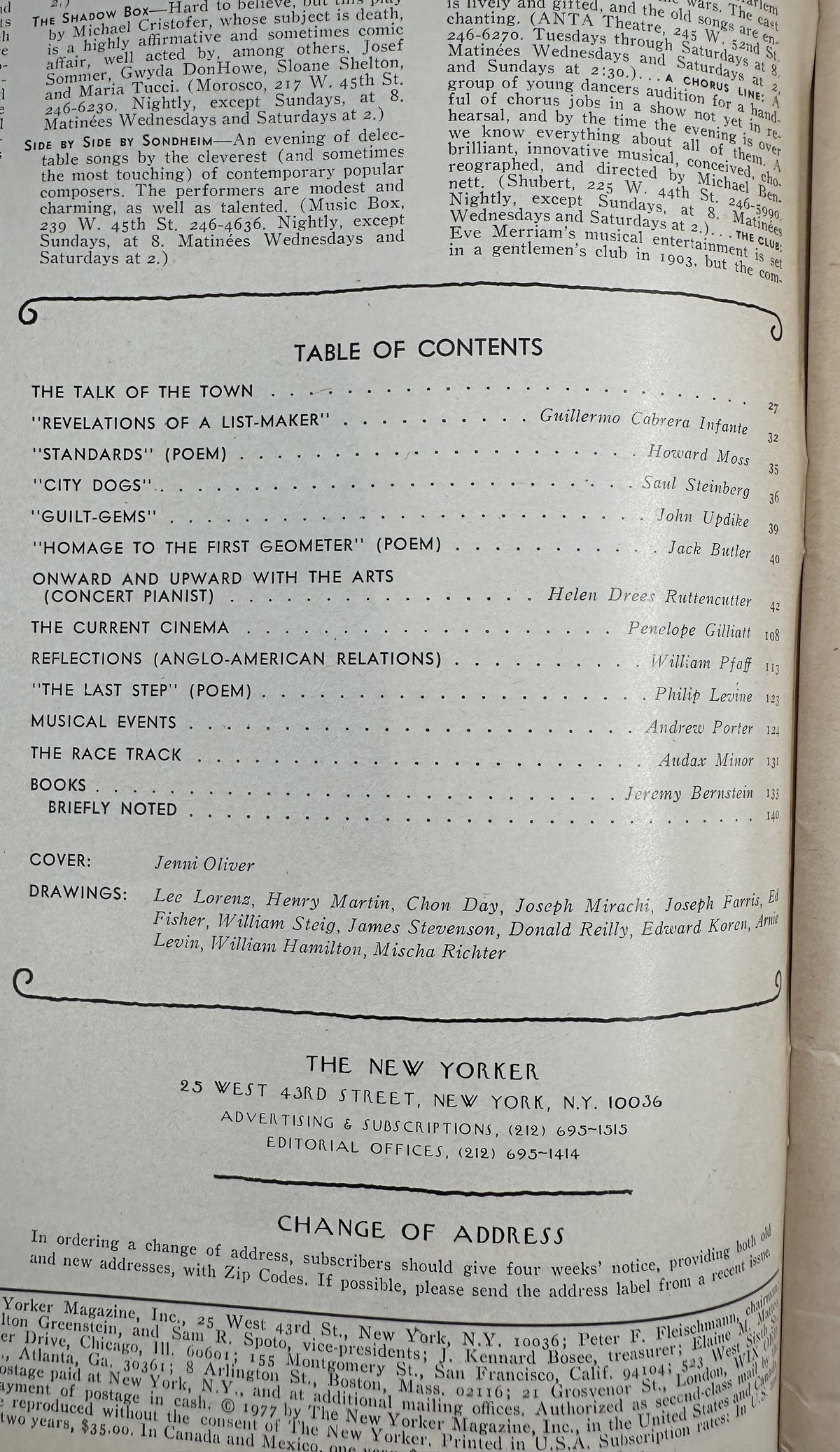 The New Yorker Magazine September 19, 1977 Autumn Estate Jenni Oliver Cover VG, showing the printed table of contents and magazine articles.