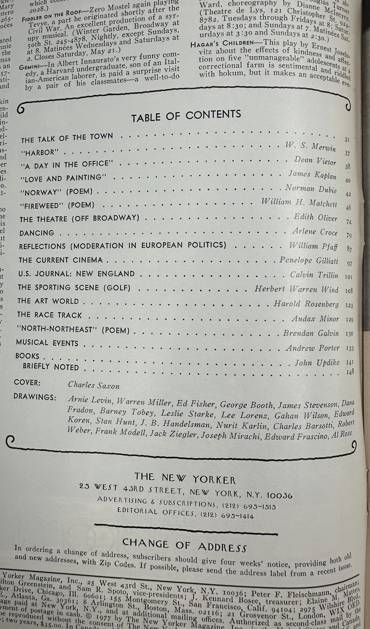 The New Yorker Magazine May 16, 1977 Cafe Bridge Charles Saxon Cover VG, showing the issue's table of contents and feature listings.