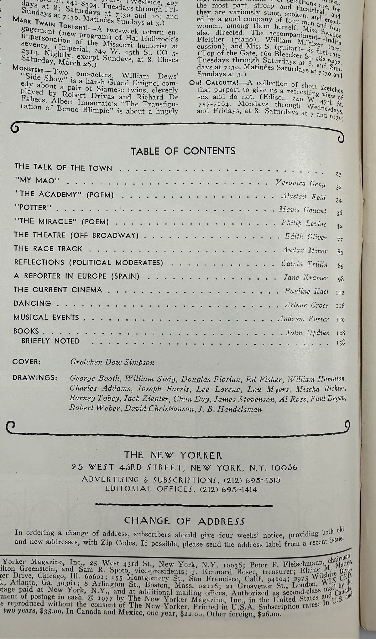 The New Yorker Magazine March 21, 1977 Elegant Curved Staircase Gretchen Dow Simpson, interior table of contents page with articles, poems, reviews, and contributor listings.
