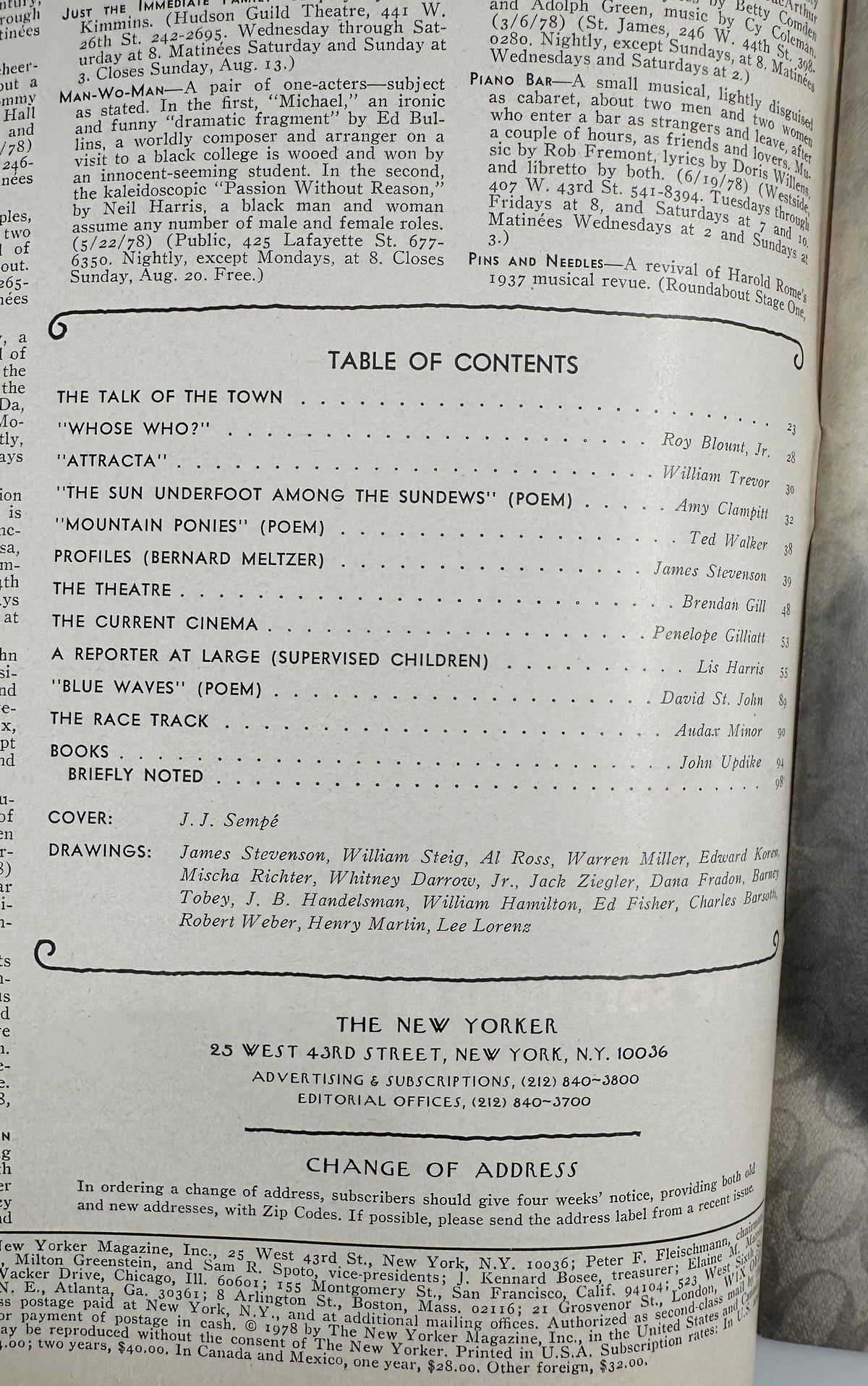 The New Yorker Magazine August 14, 1978 Apartment Window Man J. J. Sempé Cover VG, interior table of contents page with articles, poems, theater, cinema, books, and cover credits.