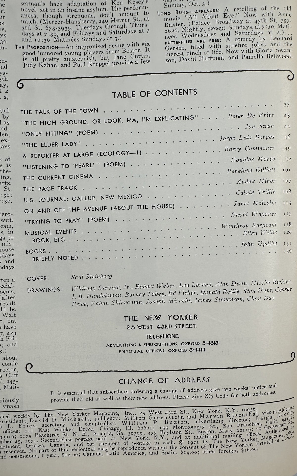 The New Yorker Magazine September 25, 1971 Coins in Sky Saul Steinberg Cover, interior table of contents page listing articles, poems, reviews, and contributors.