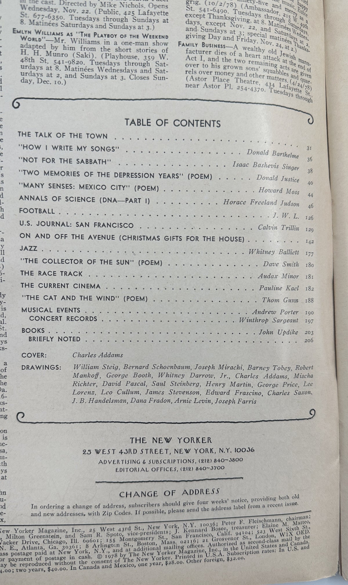 The New Yorker Magazine November 27, 1978 Turkey Farm Charles Addams Cover table of contents page showing featured articles, poems, reviews, and contributor listings.
