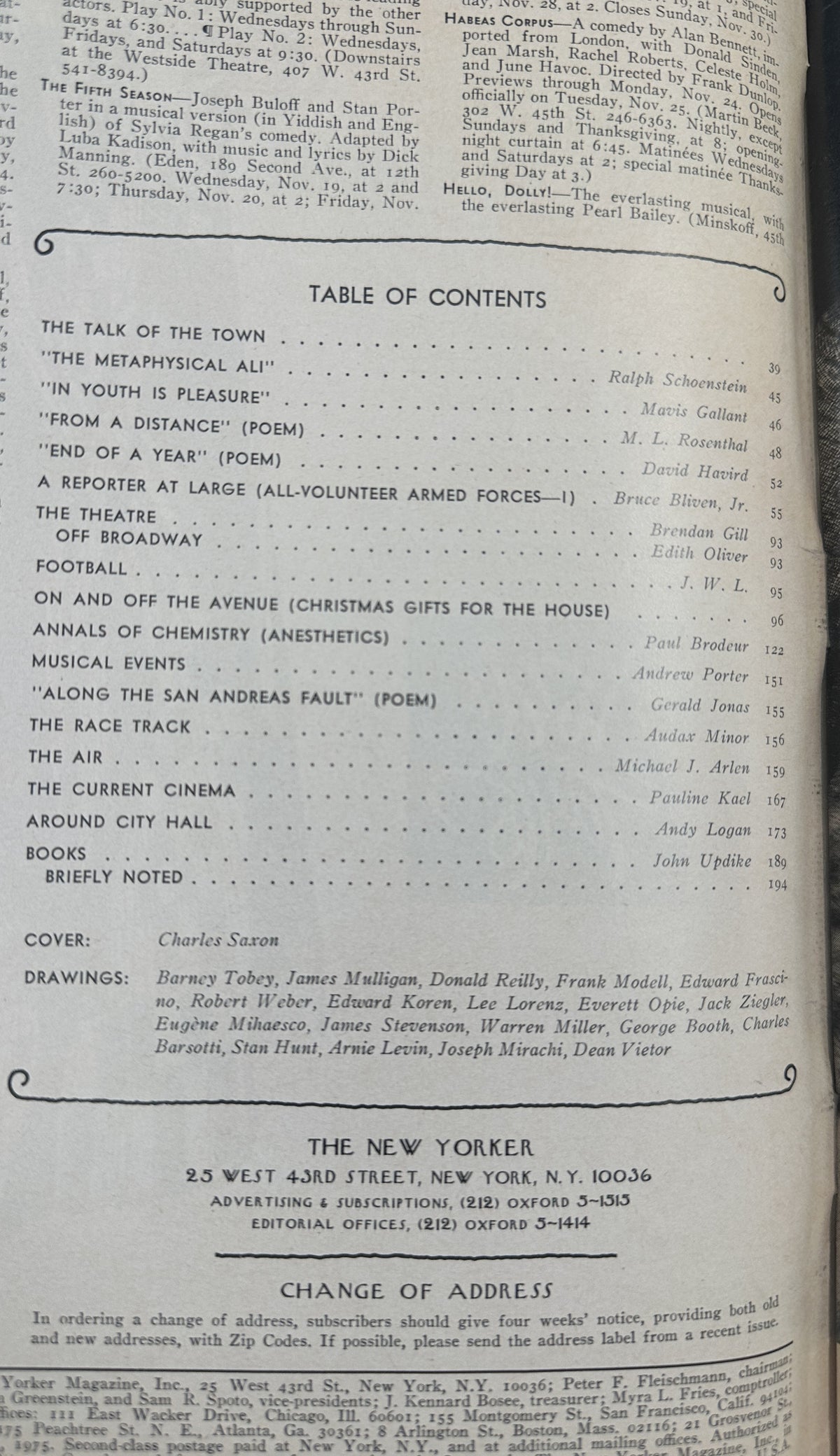 The New Yorker Magazine November 24, 1975 Movie Theater Lobby Charles Saxon Cover, featuring the printed table of contents and magazine publication information.