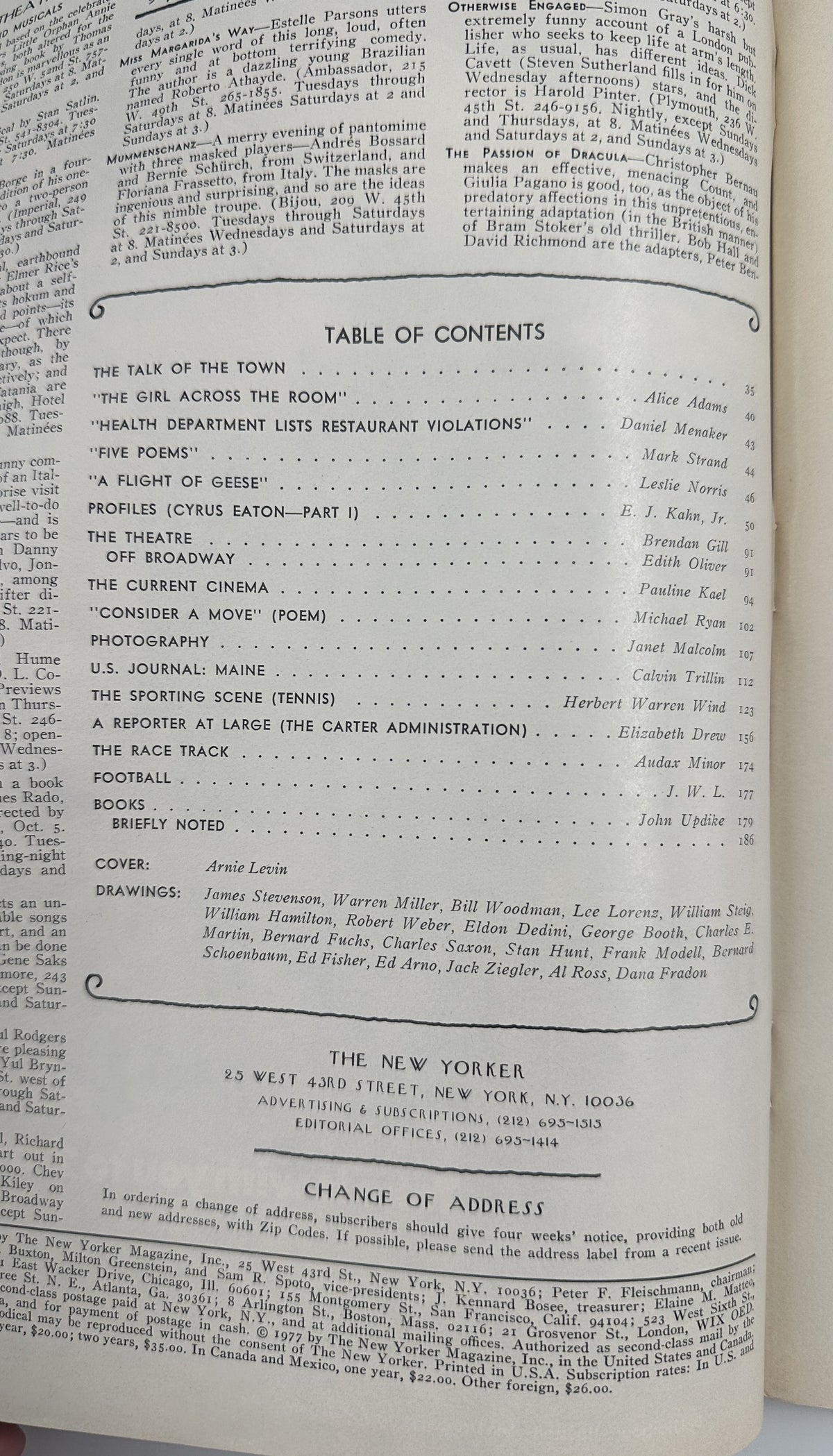 The New Yorker Magazine October 10, 1977 Roadwork Traffic Cones Painter Arnie Levin, interior table of contents page listing articles, poems, reviews, and features.