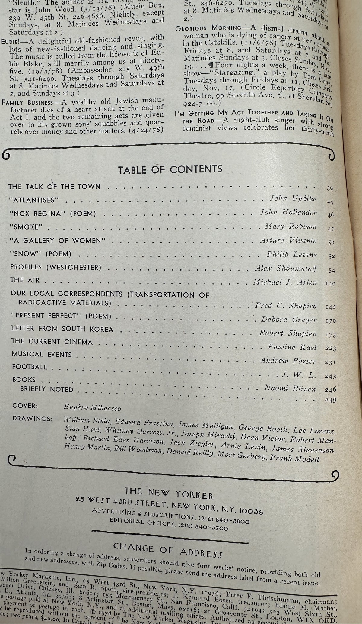 The New Yorker Magazine November 13, 1978 Tennis Dome Courts Eugène Mihaesco Cover, open interior page displaying the magazine table of contents and feature listings.