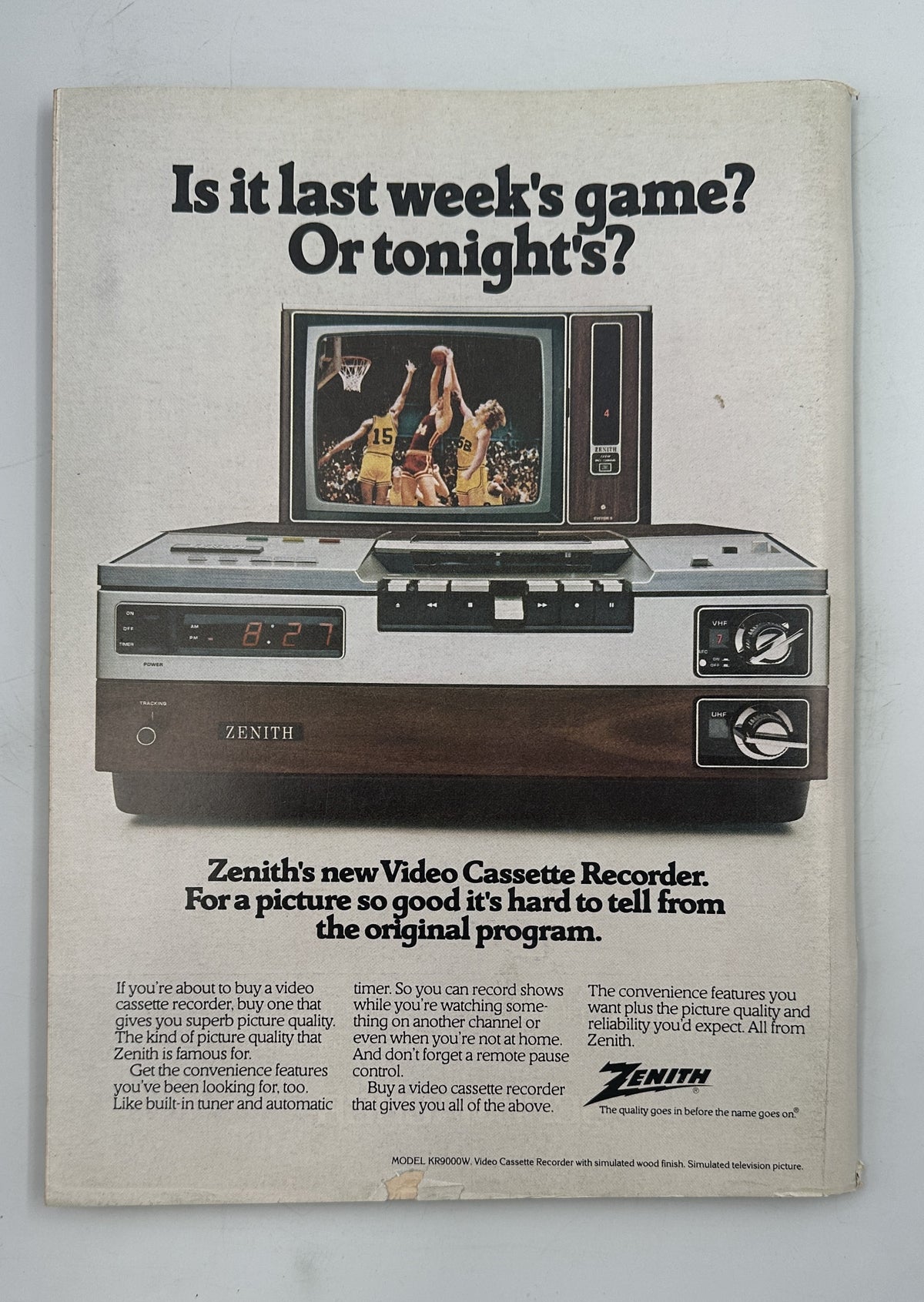 The New Yorker Magazine November 13, 1978 Tennis Dome Courts Eugène Mihaesco Cover, interior advertisement for a Zenith videocassette recorder featuring a television showing a basketball game.