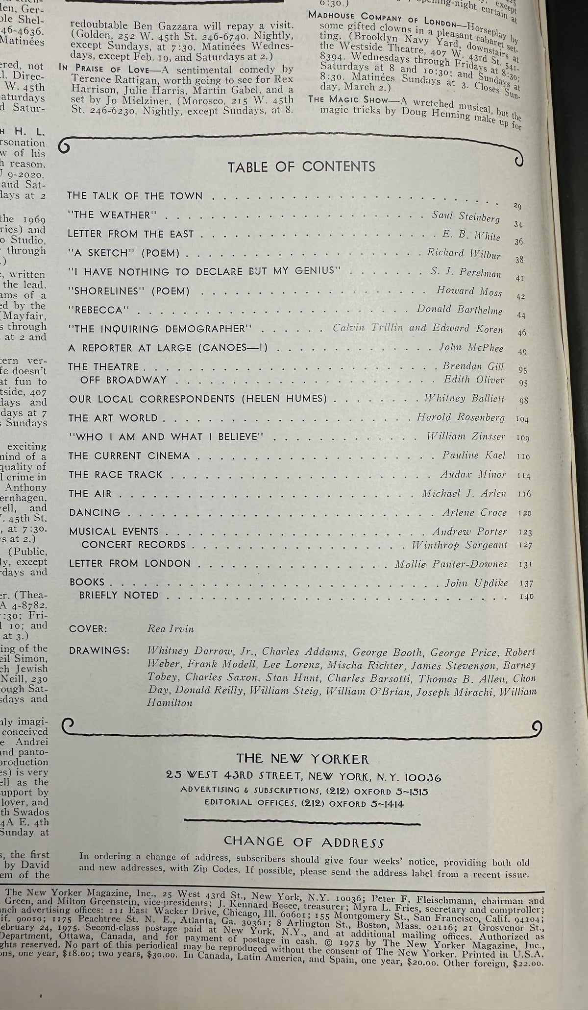 The New Yorker Magazine February 24, 1975 Eustace Tilley Butterfly Rea Irvin Cover table of contents page featuring listings for articles, poems, theater, art, cinema, books, and other departments