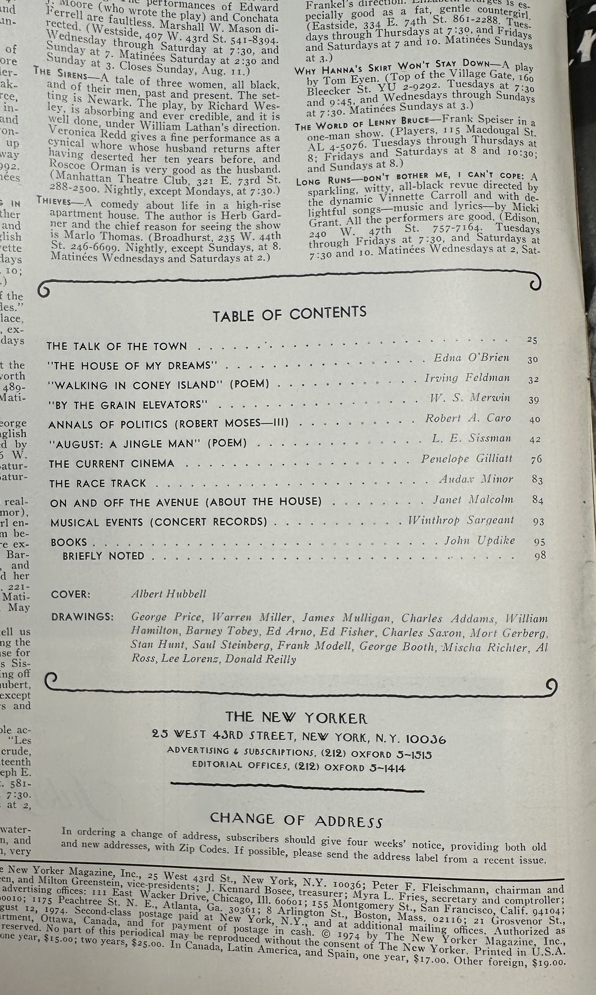 The New Yorker Magazine August 12, 1974 Coastal Golf Course Albert Hubbell Cover, showing the issue's table of contents and interior pages.