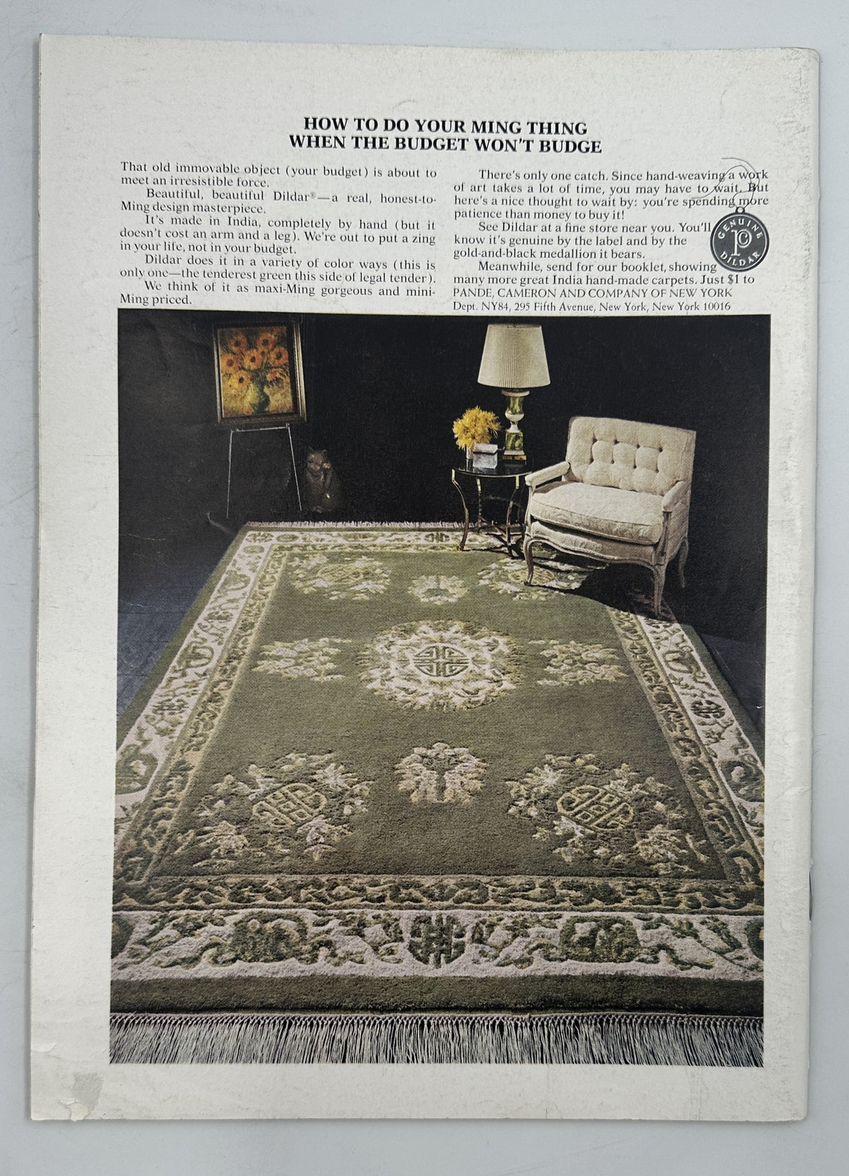 The New Yorker Magazine August 12, 1974 Coastal Golf Course Albert Hubbell Cover, featuring an interior vintage rug advertisement with a furnished room.