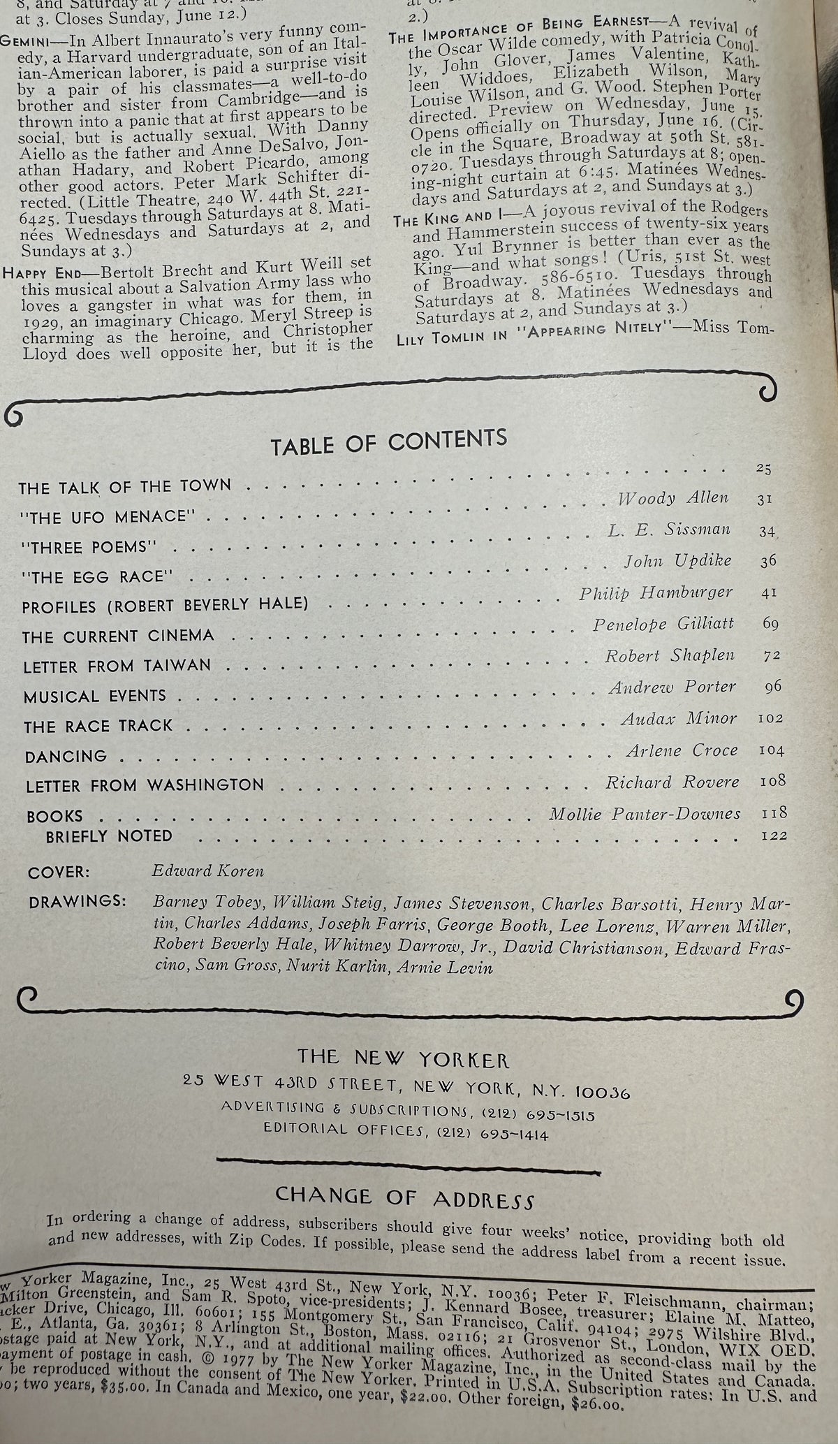 The New Yorker Magazine June 13, 1977 Shaggy Cartoon Creatures Pairs Edward Koren VG table of contents page with featured articles, columns, and contributor listings