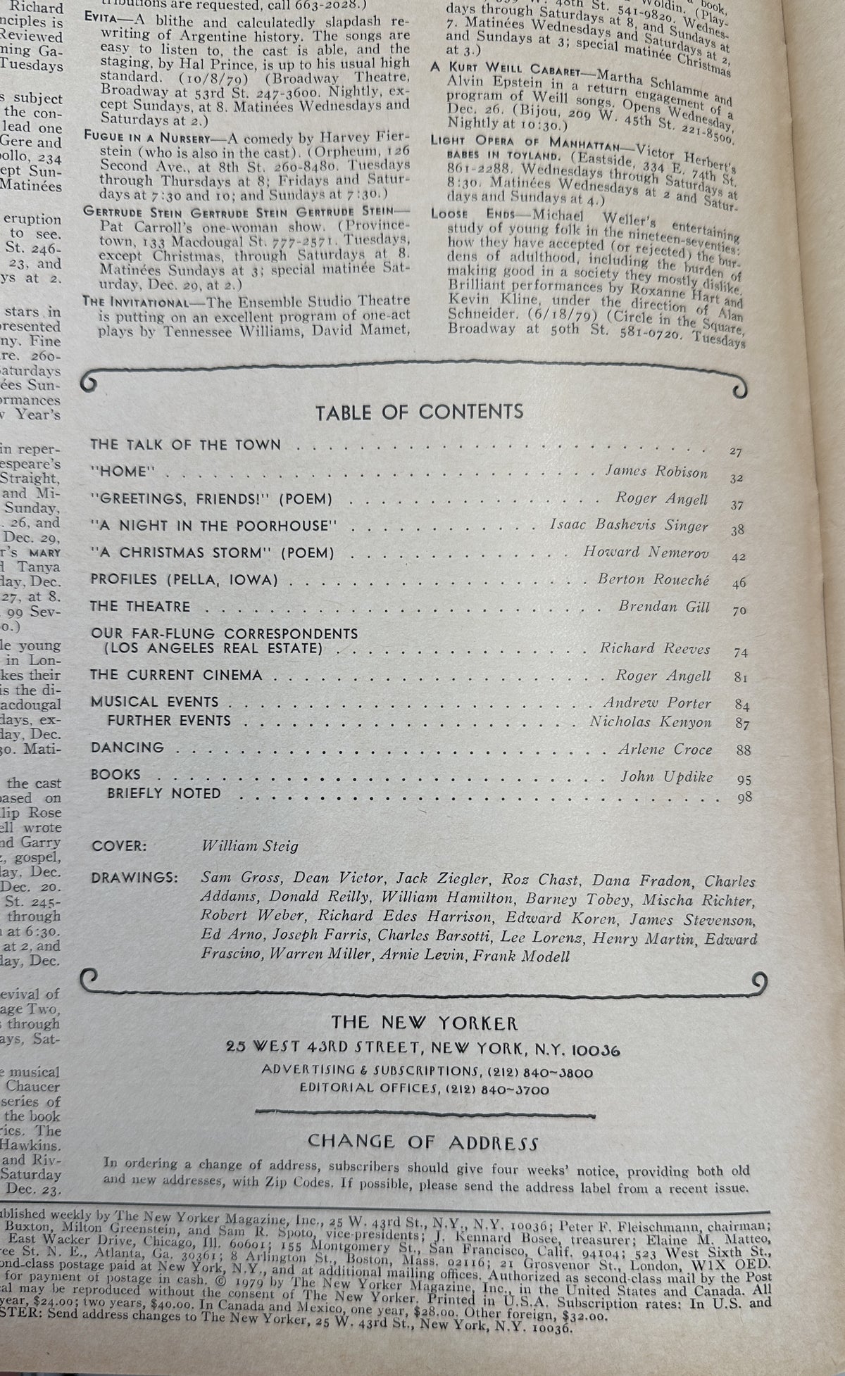 The New Yorker Magazine December 24, 1979 Christmas Angels Candy Canes William Steig VG, interior table of contents page with feature listings, contributor names, cover credit, and drawing credits