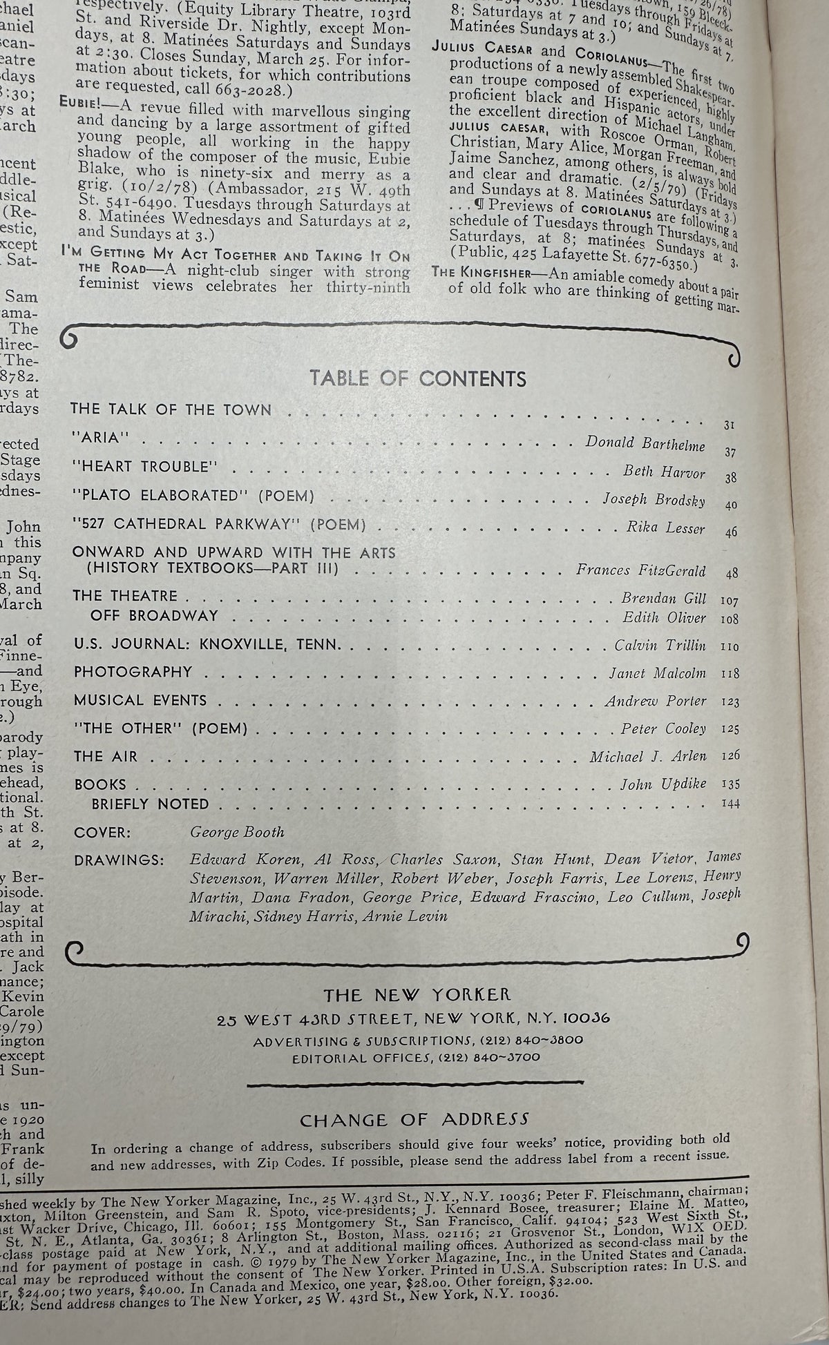The New Yorker Magazine March 12, 1979 Bull Terrier Cat Rocking Chair George Booth VG, interior table of contents page listing articles, poems, theater, photography, musical events, books, and contributors.