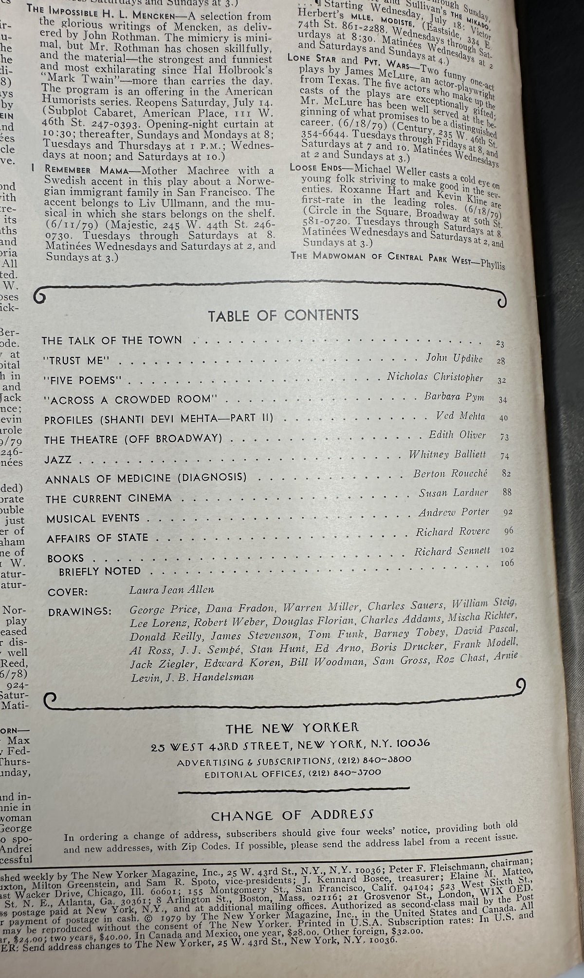 The New Yorker Magazine July 16, 1979 Ornate Colorful Doorways Laura Jean Allen Cover VG, interior table of contents page showing articles, departments, contributors, and cover credit.