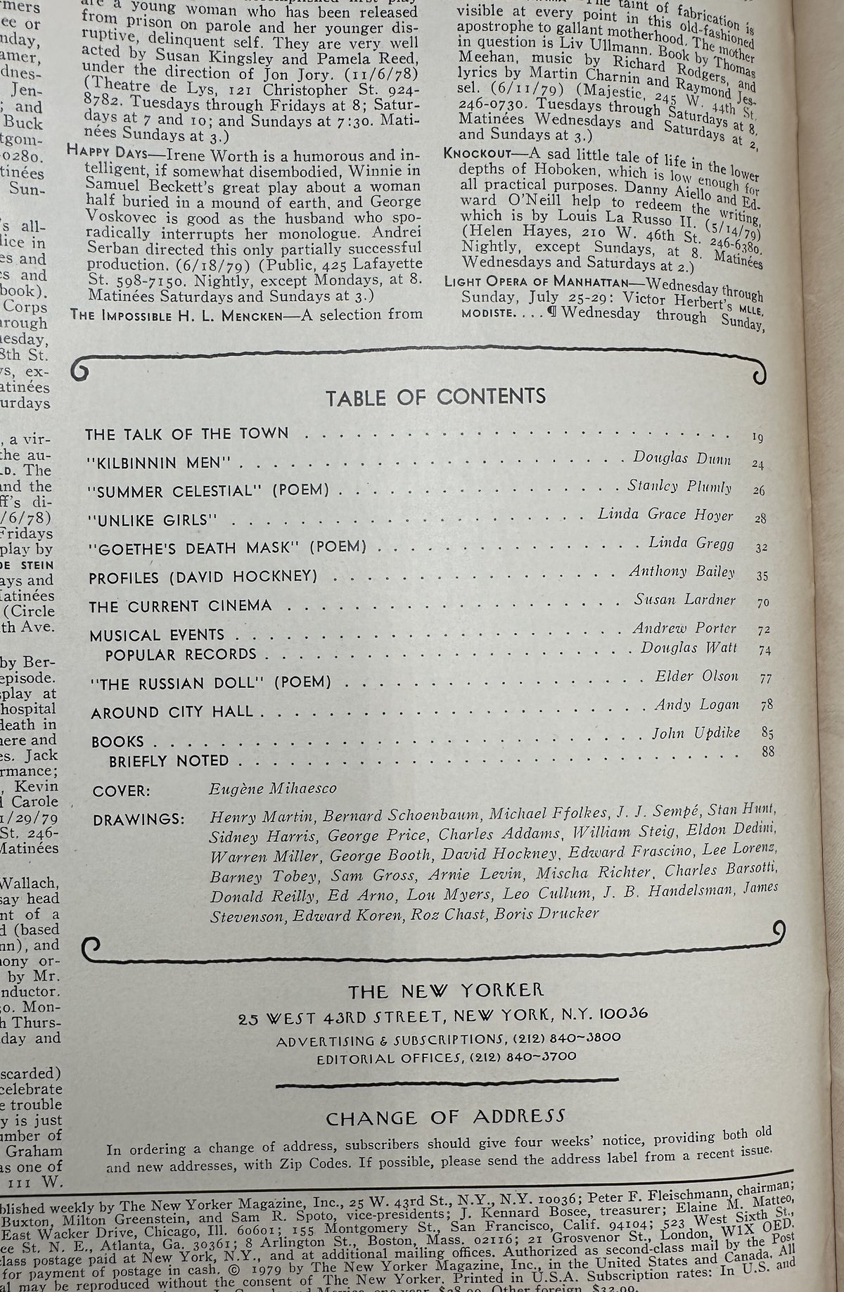 The New Yorker Magazine July 30, 1979 Yellow Clothing Racks Eugène Mihaesco Cover VG, table of contents page listing articles, poems, profiles, reviews, and drawings.