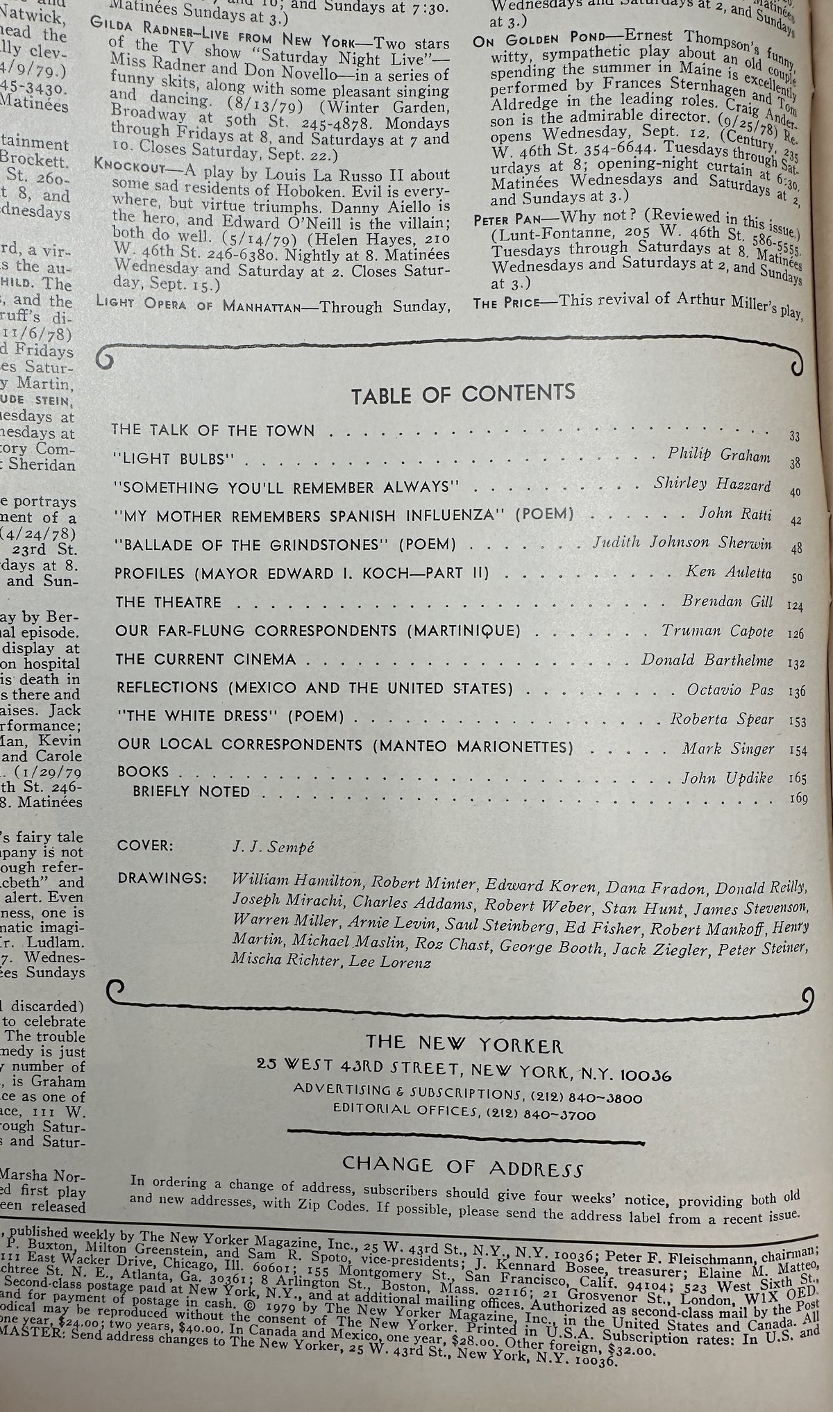 The New Yorker Magazine September 17, 1979 Gym Class Rope J. J. Sempé Cover, showing the printed table of contents page with articles, poems, profiles, and contributors.