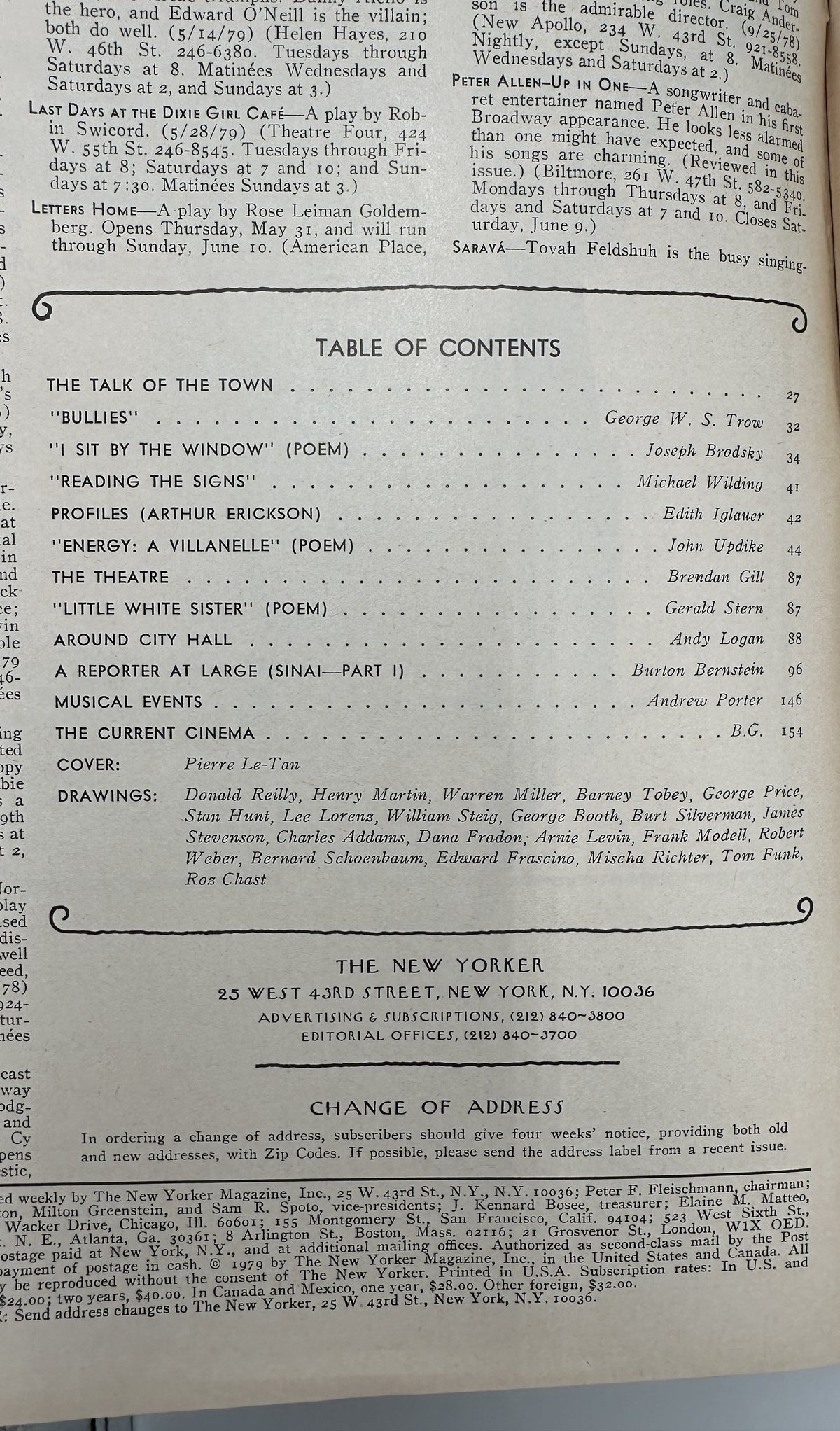 The New Yorker Magazine June 4, 1979 Lemon Bowl Corkscrew Pierre Le-Tan Cover, interior table of contents page showing featured articles, poems, profiles, theater, cinema, and contributors