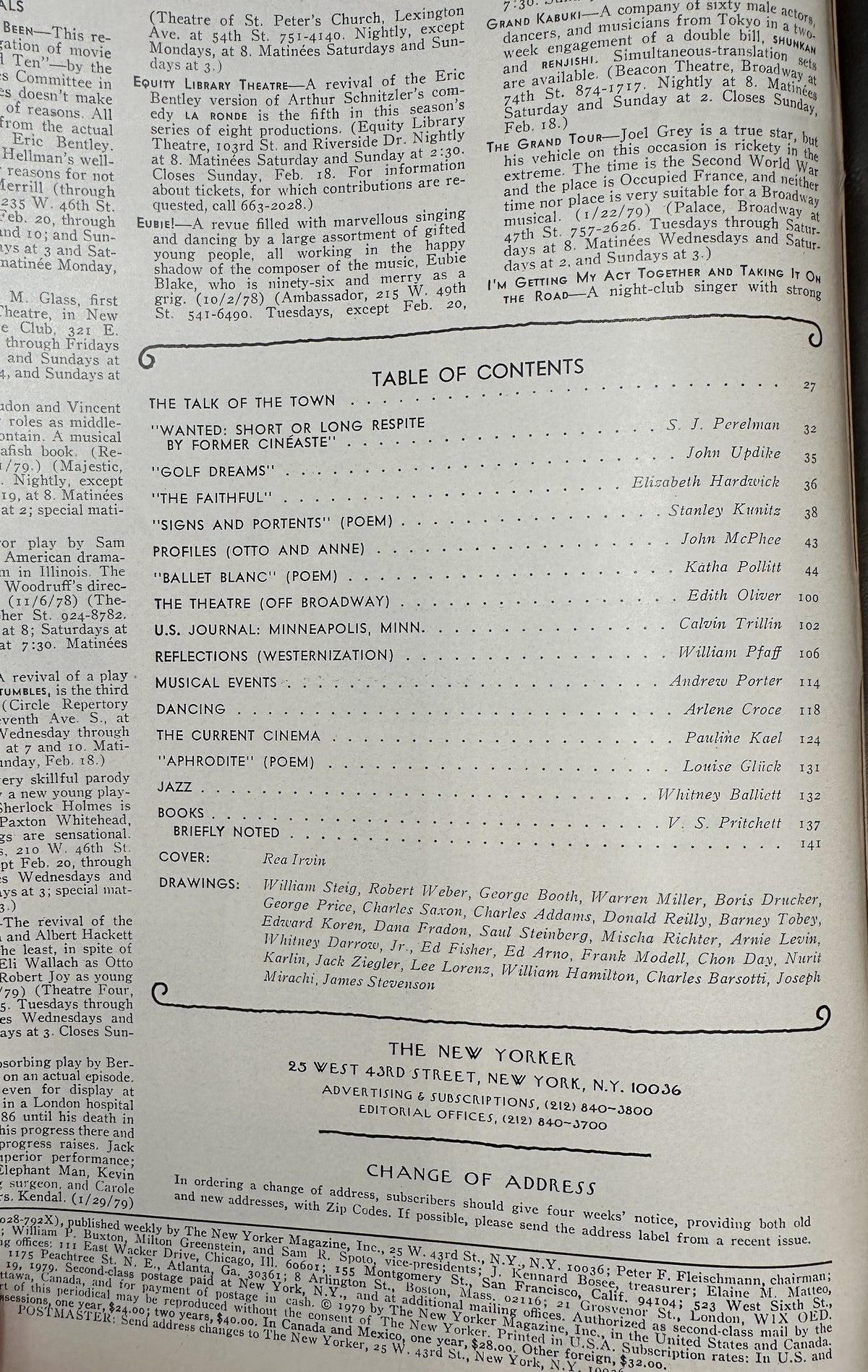The New Yorker Magazine February 19, 1979 Top Hat Butterfly Rea Irvin Cover table of contents page listing articles, poems, profiles, theater, cinema, jazz, books, and other features.