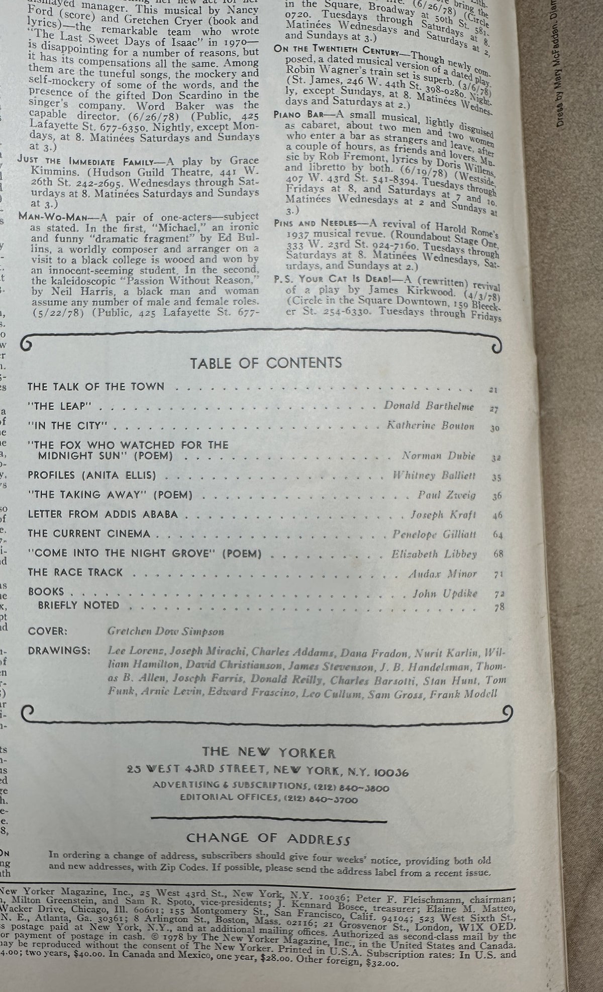The New Yorker Magazine July 31, 1978 Sailboats Calm Seascape Gretchen Dow Simpson Cover, showing the table of contents and magazine interior page.