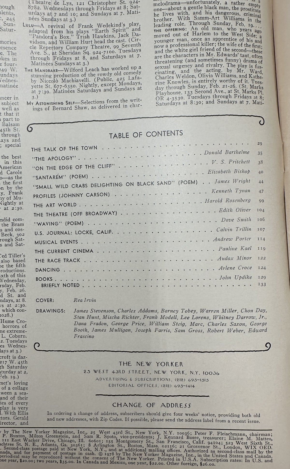 The New Yorker Magazine February 20, 1978 Top Hat Butterfly Rea Irvin Cover interior table of contents page listing magazine articles, poems, profiles, reviews, and contributors.